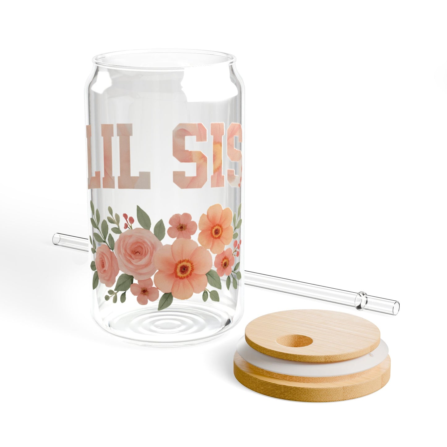 “LIL SIS” Floral Glass Can Tumbler – 16oz with Bamboo Lid & Straw