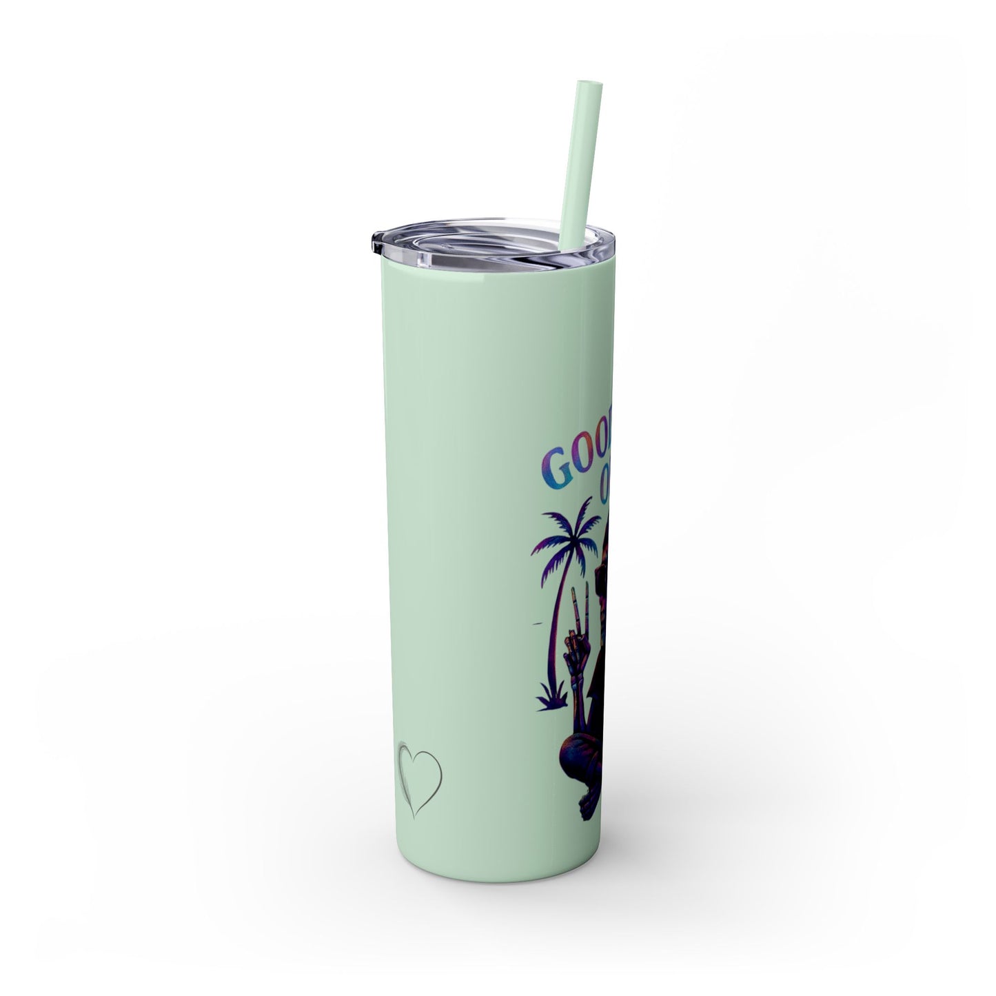 Mint green tumbler with a straw, palm tree design, and text on a white background