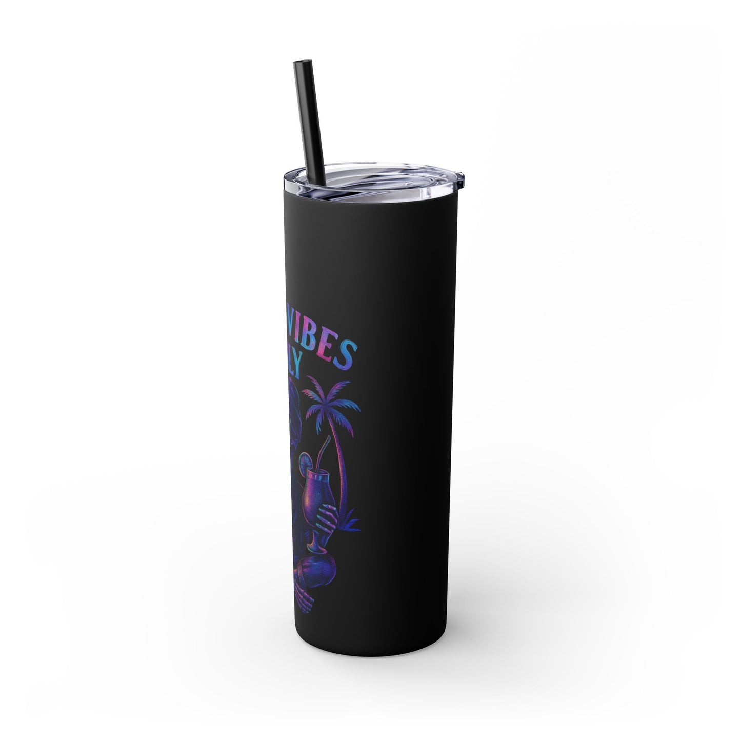 Black tumbler with palm tree design and 'VIBES' text on a white background