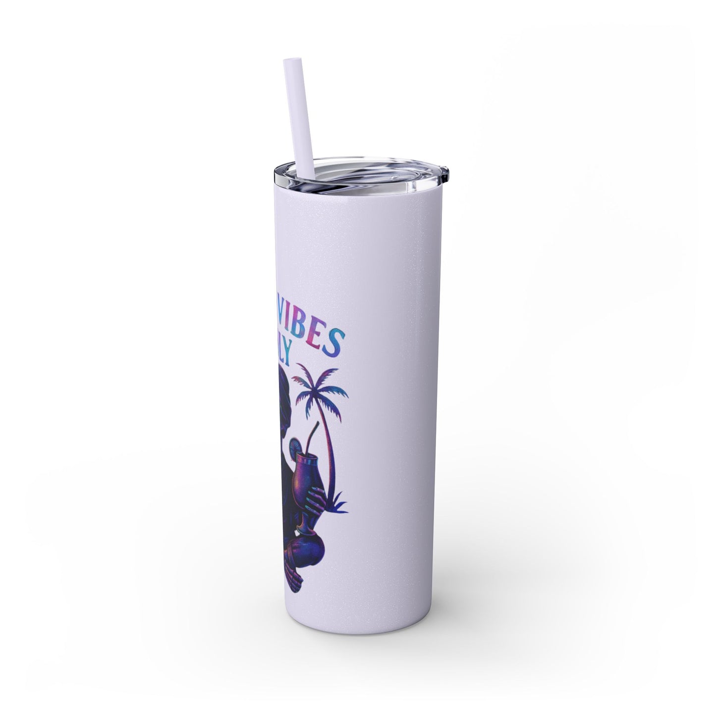 Tumbler with a palm tree design and text on a white background