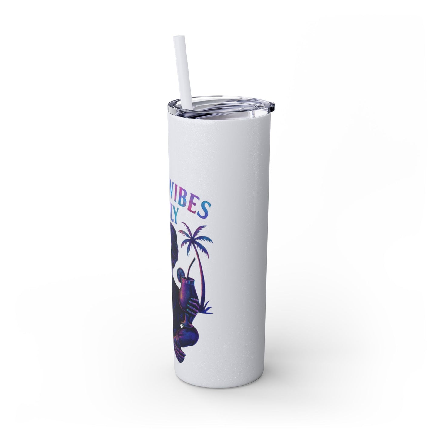 White tumbler with a colorful design and text on a white background