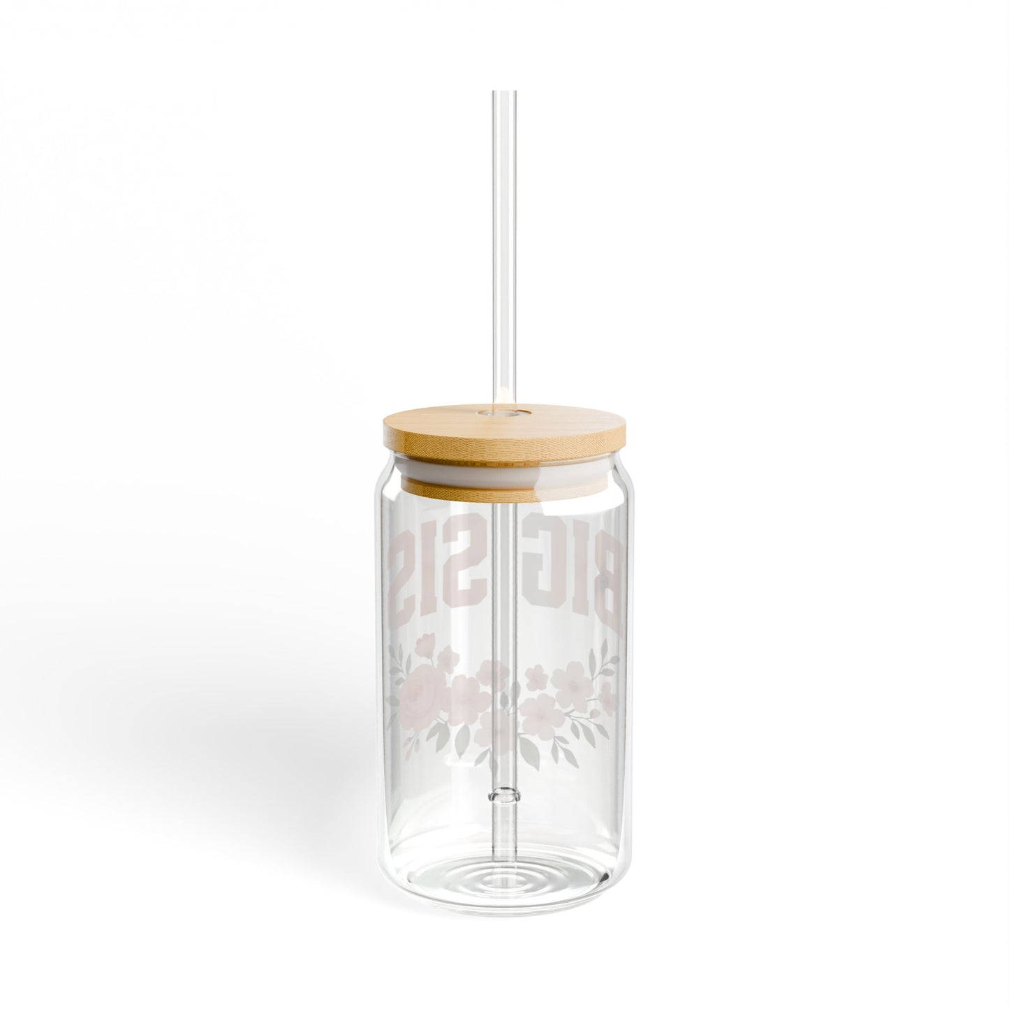 “BIG SIS” Floral Glass Can Tumbler – 16oz with Bamboo Lid & Straw