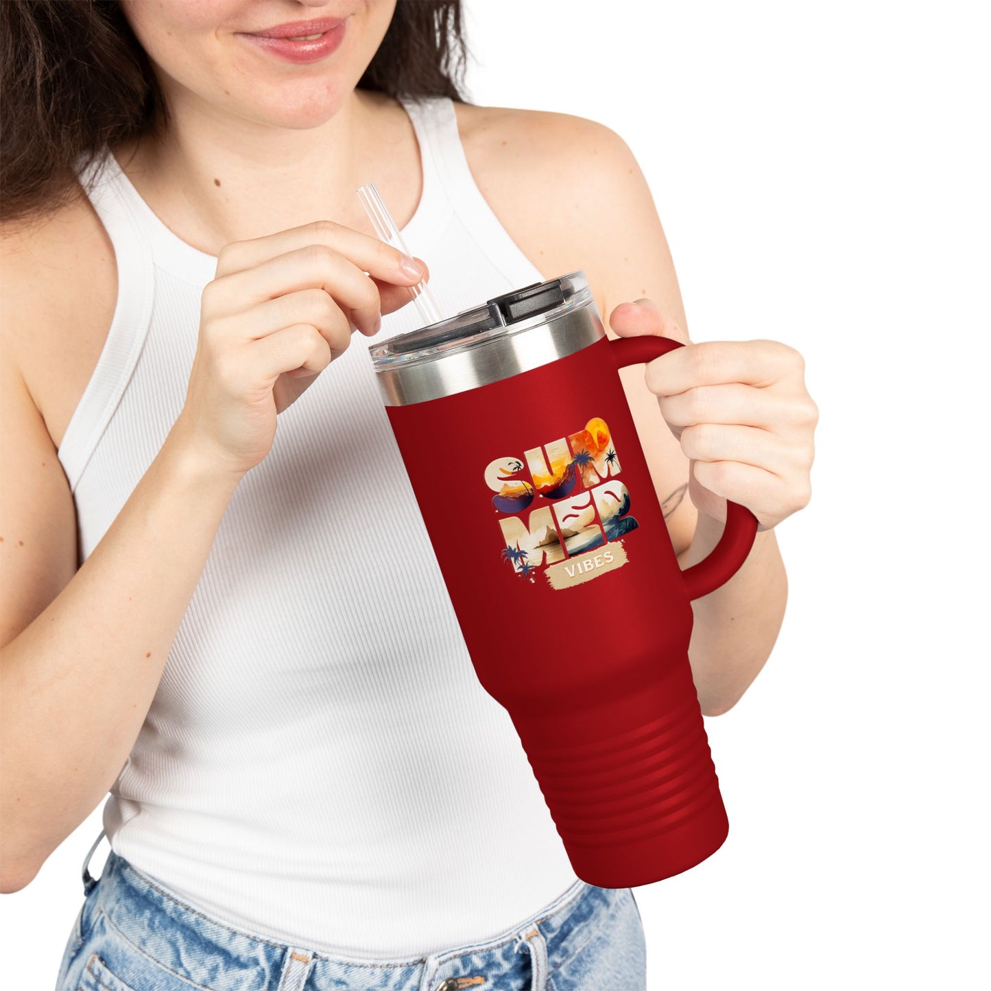 Summer Vibes Tumbler with Handle & Straw | 40 oz Insulated Mug in White, Red, Black, Teal, Blue & Gray