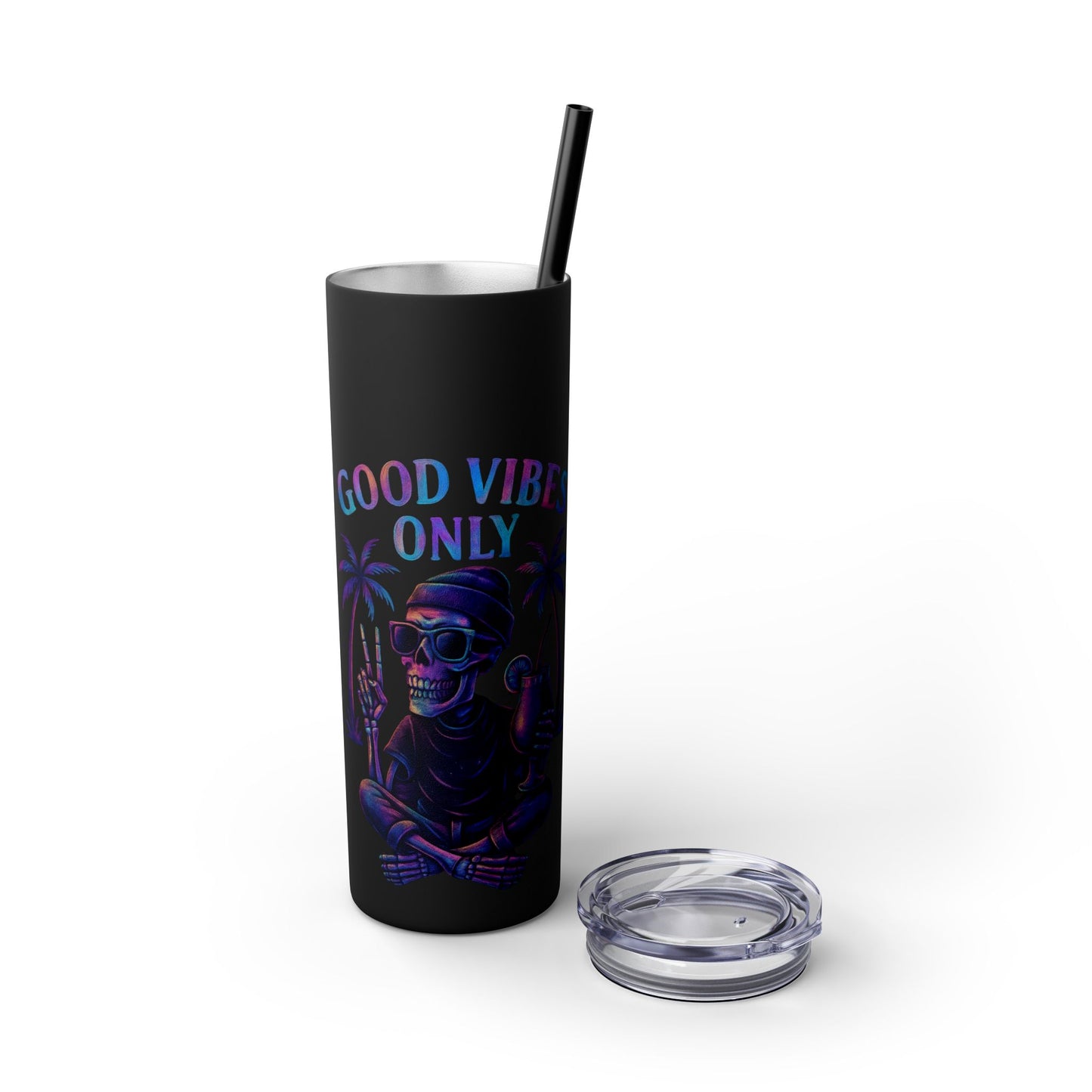 Tumbler with 'Good Vibes Only' text and a skull design on a white background