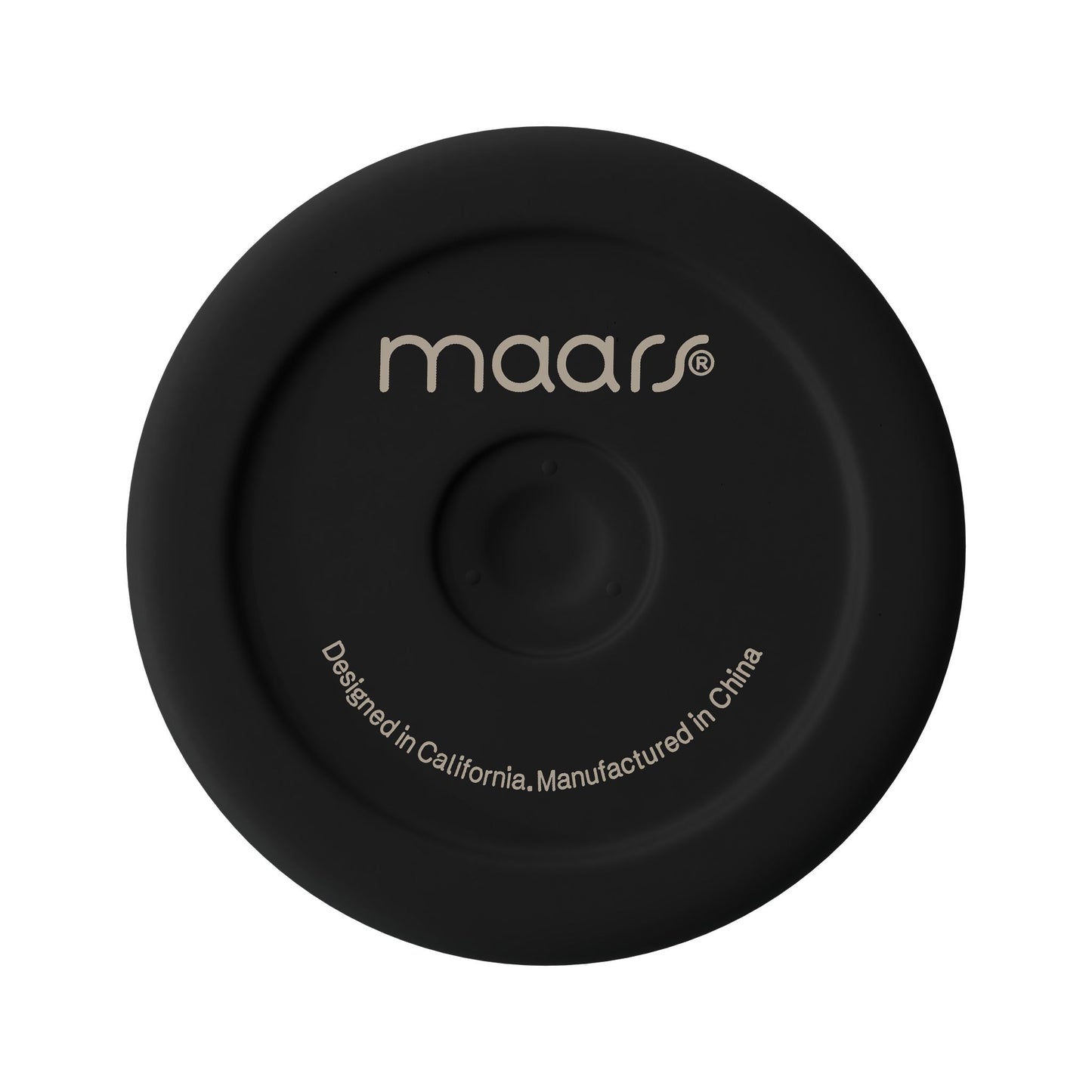 Black circular object with 'maars' branding on a white background