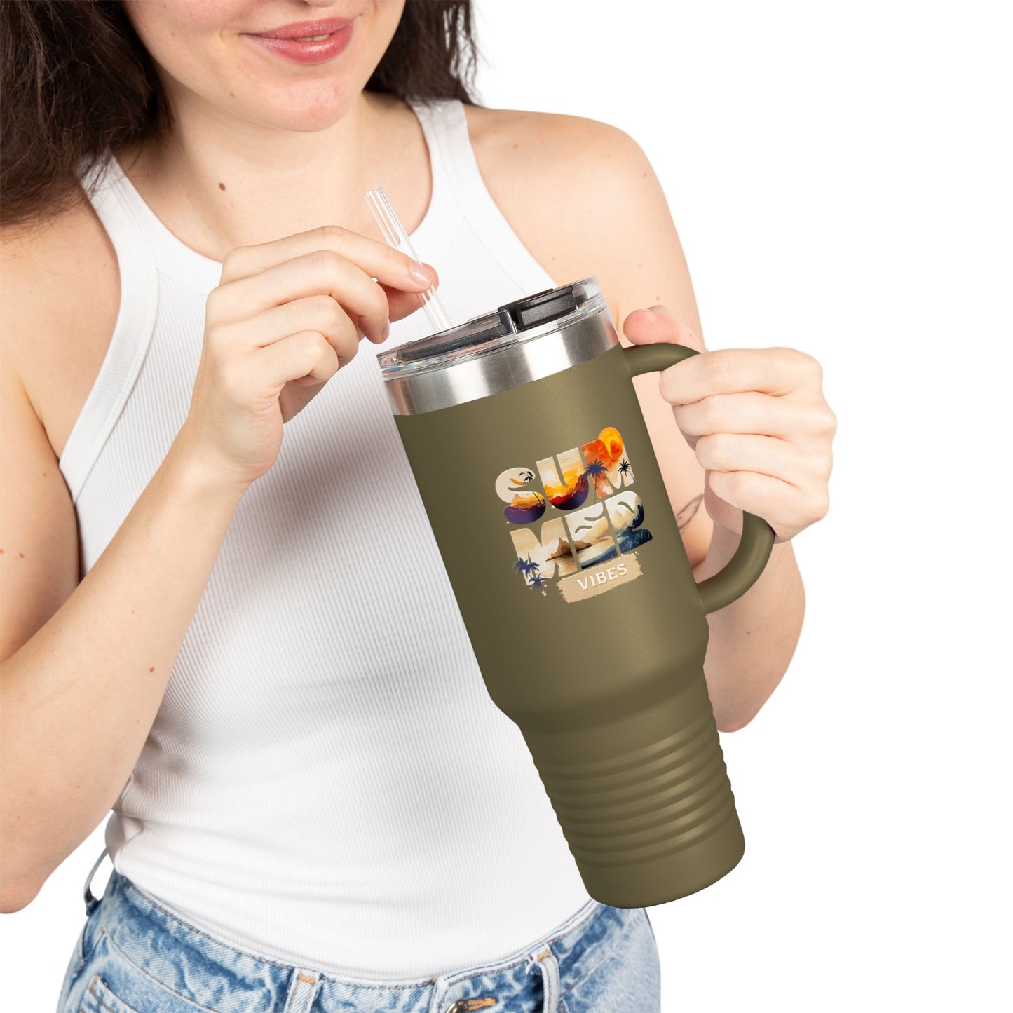 Summer Vibes Tumbler with Handle & Straw | 40 oz Insulated Mug in White, Red, Black, Teal, Blue & Gray