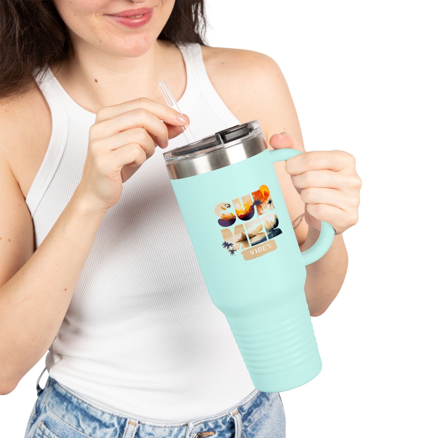 Summer Vibes Tumbler with Handle & Straw | 40 oz Insulated Mug in White, Red, Black, Teal, Blue & Gray