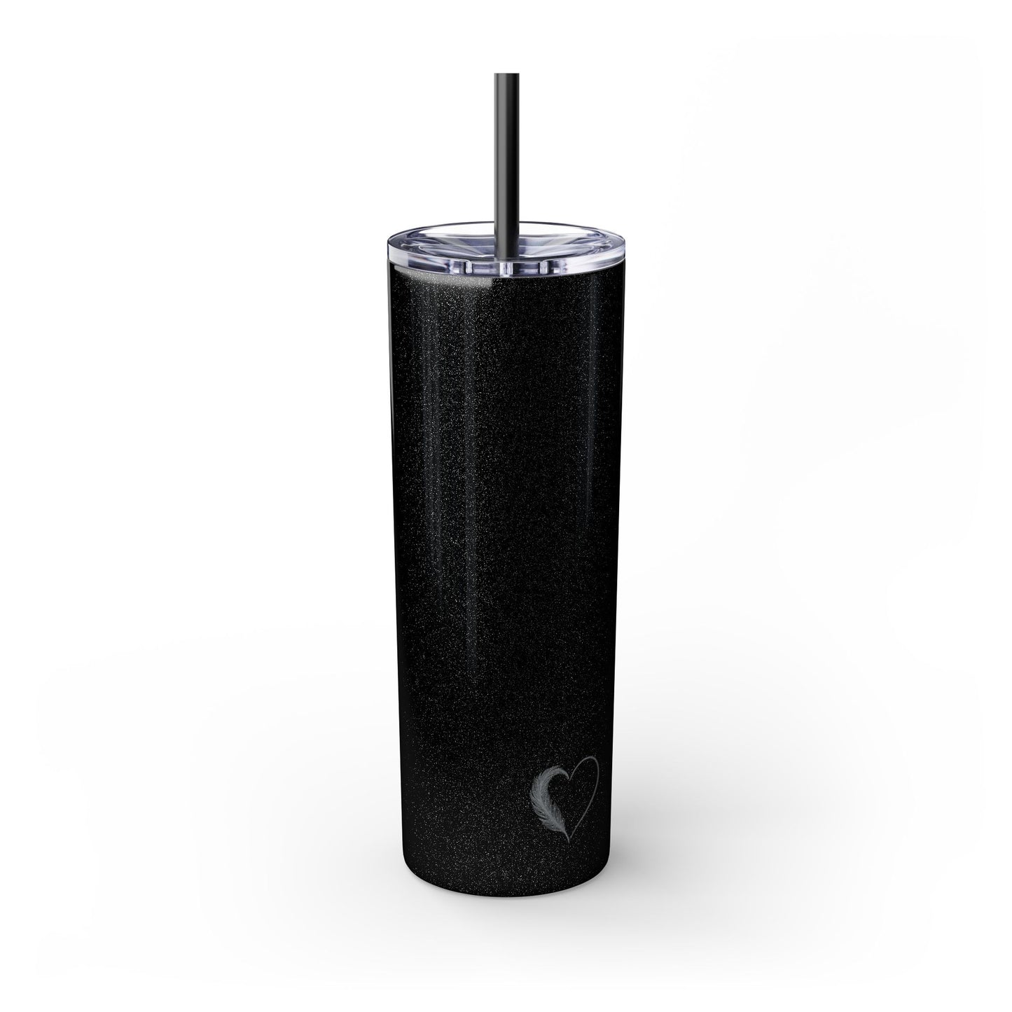 Black tumbler with a heart design on a white background