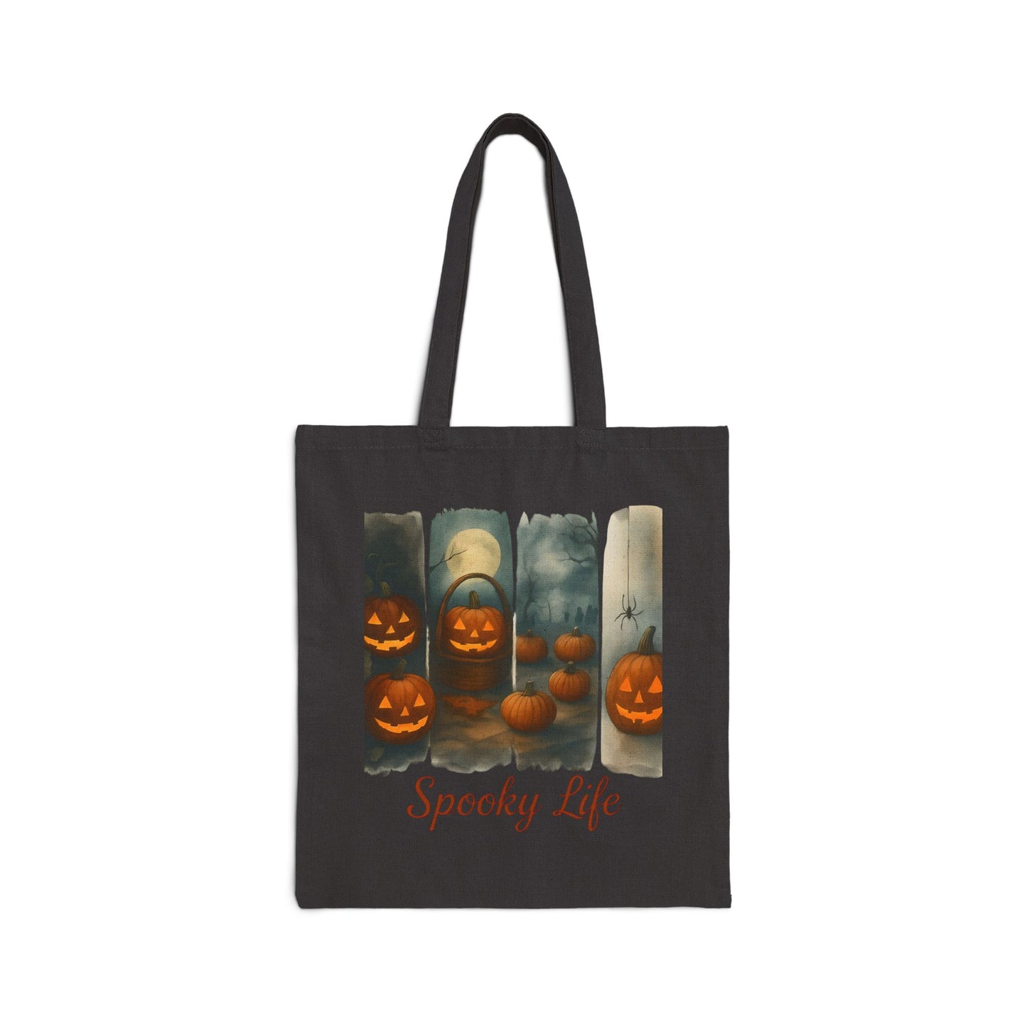 Black tote bag with Halloween-themed design featuring pumpkins and the text 'Spooky Life' on a white background.