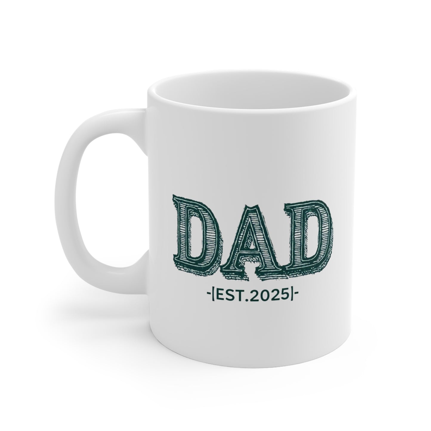 White ceramic coffee mug with bold green vintage-style "DAD" lettering and the text "EST. 2025" below.