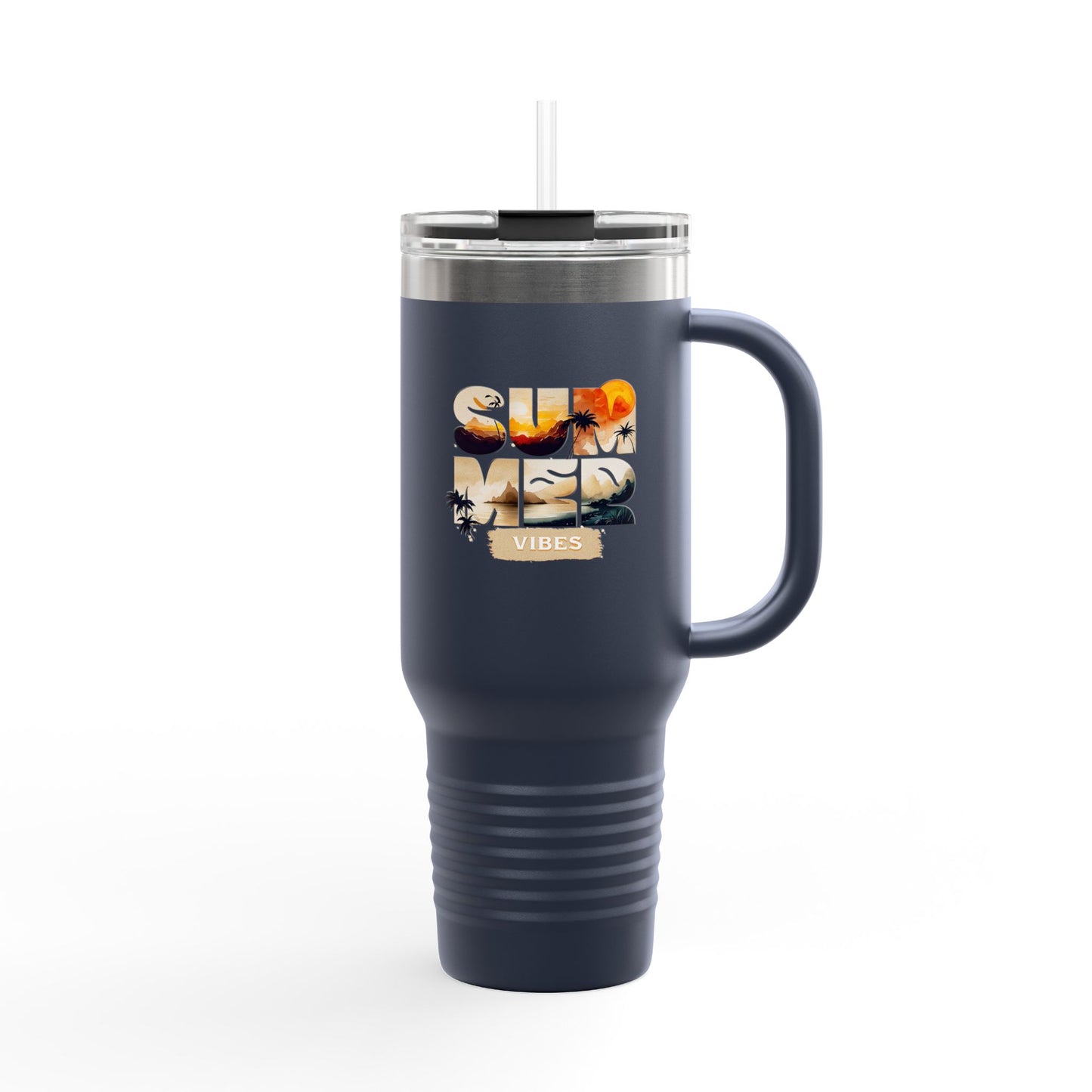 Summer Vibes Tumbler with Handle & Straw | 40 oz Insulated Mug in White, Red, Black, Teal, Blue & Gray
