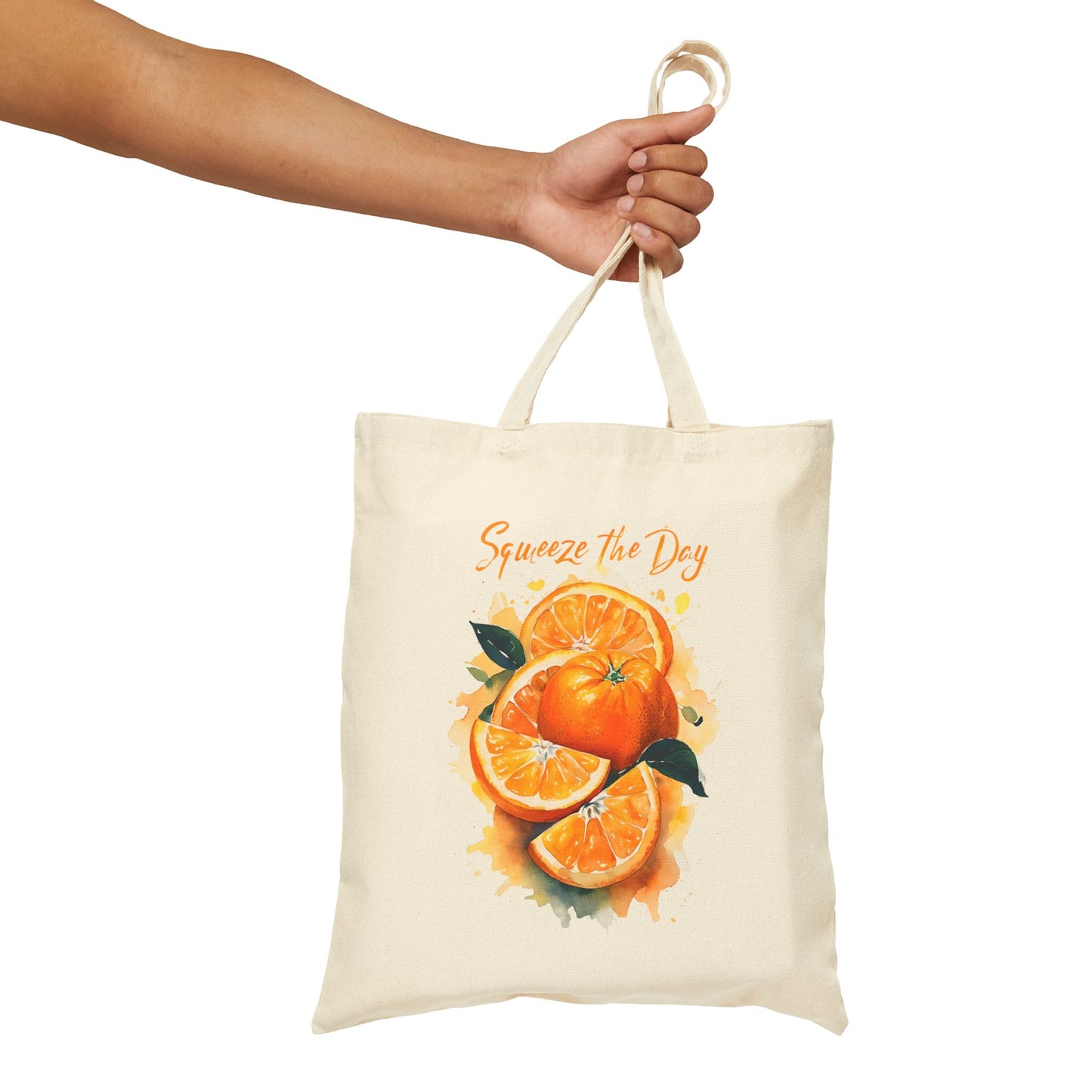 Squeeze the Day Orange Tote Bag β Reusable Canvas Bag with Citrus Fruit Design, Eco-Friendly Grocery Tote, Motivational Gift Idea