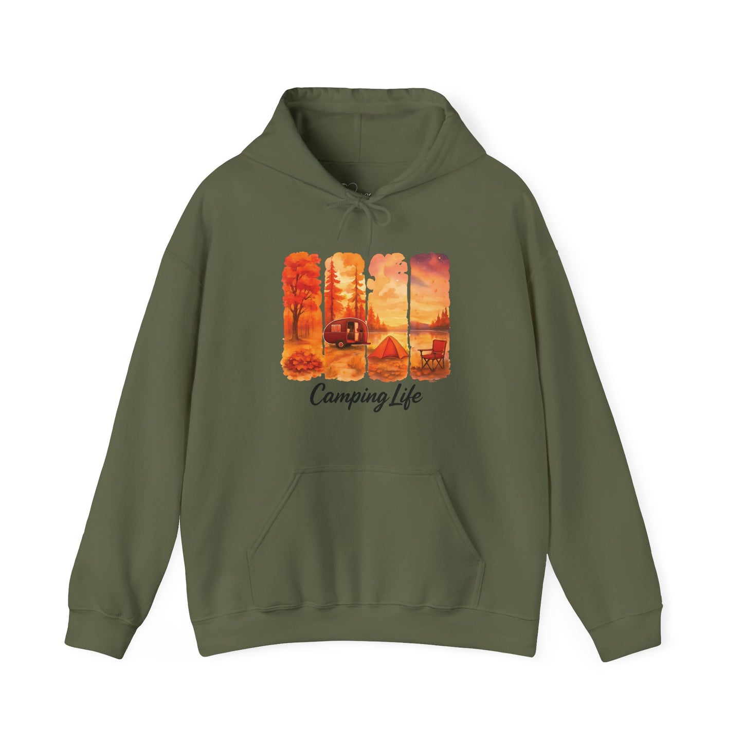 Green hoodie with 'Camping Life' graphic on a white background