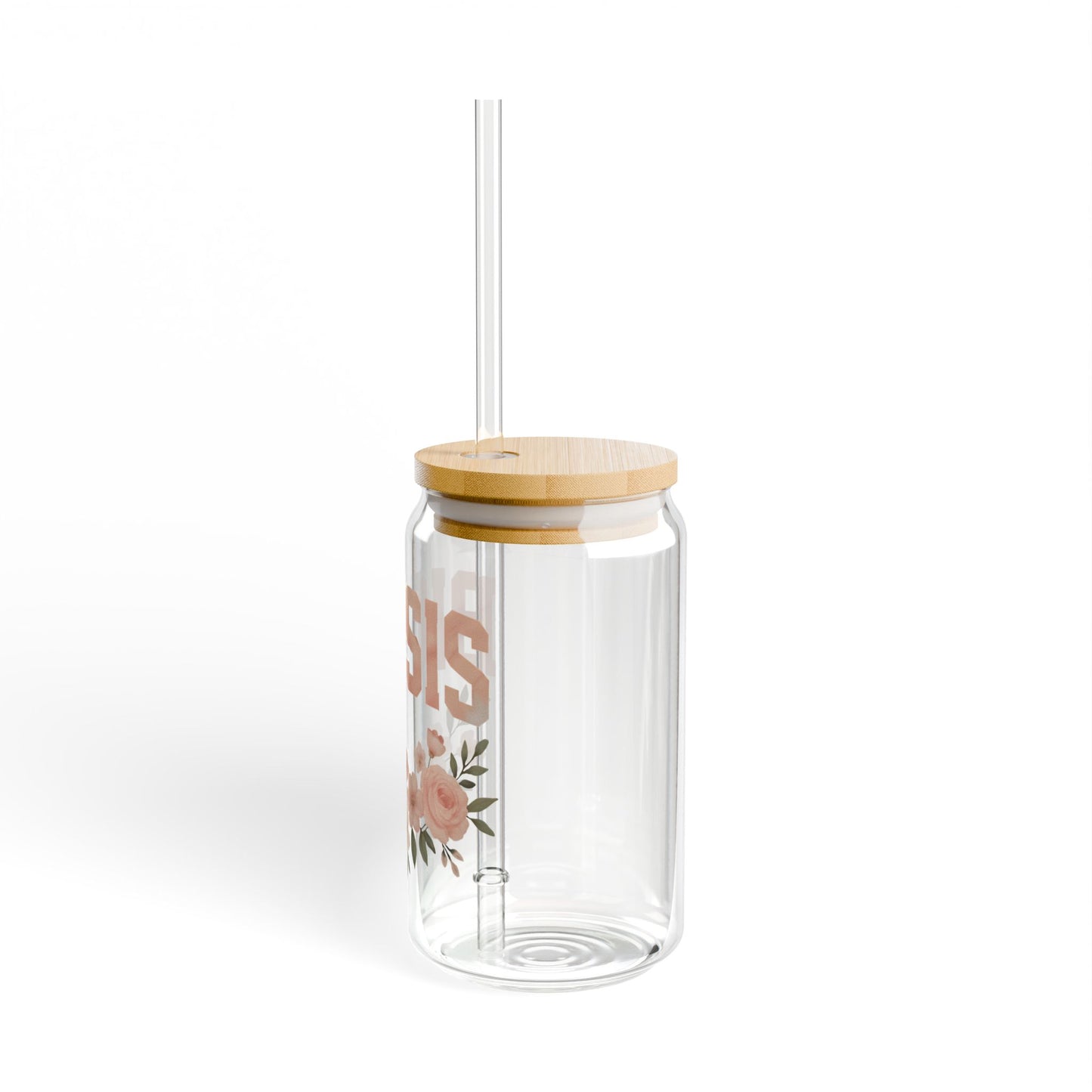 “BIG SIS” Floral Glass Can Tumbler – 16oz with Bamboo Lid & Straw