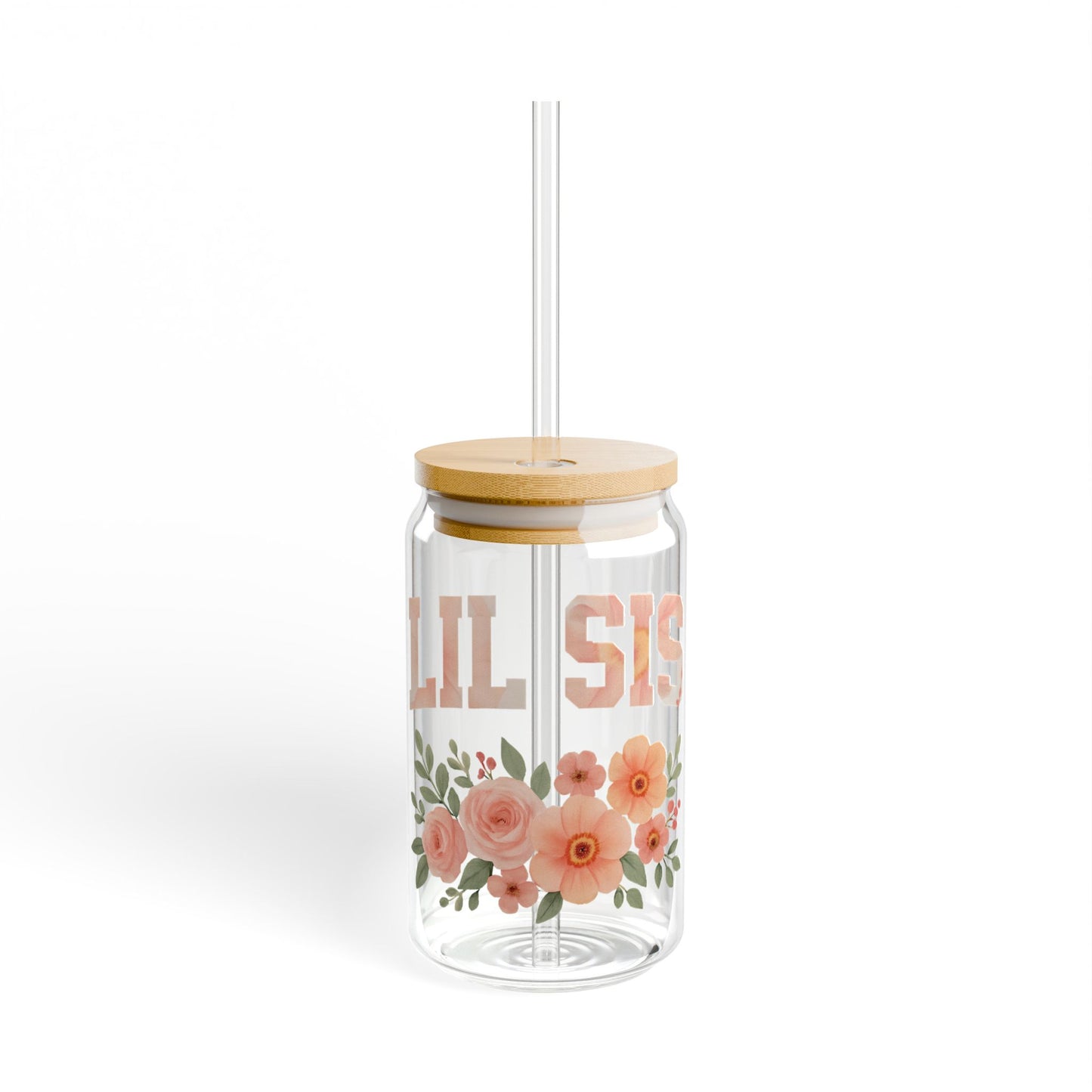 “LIL SIS” Floral Glass Can Tumbler – 16oz with Bamboo Lid & Straw
