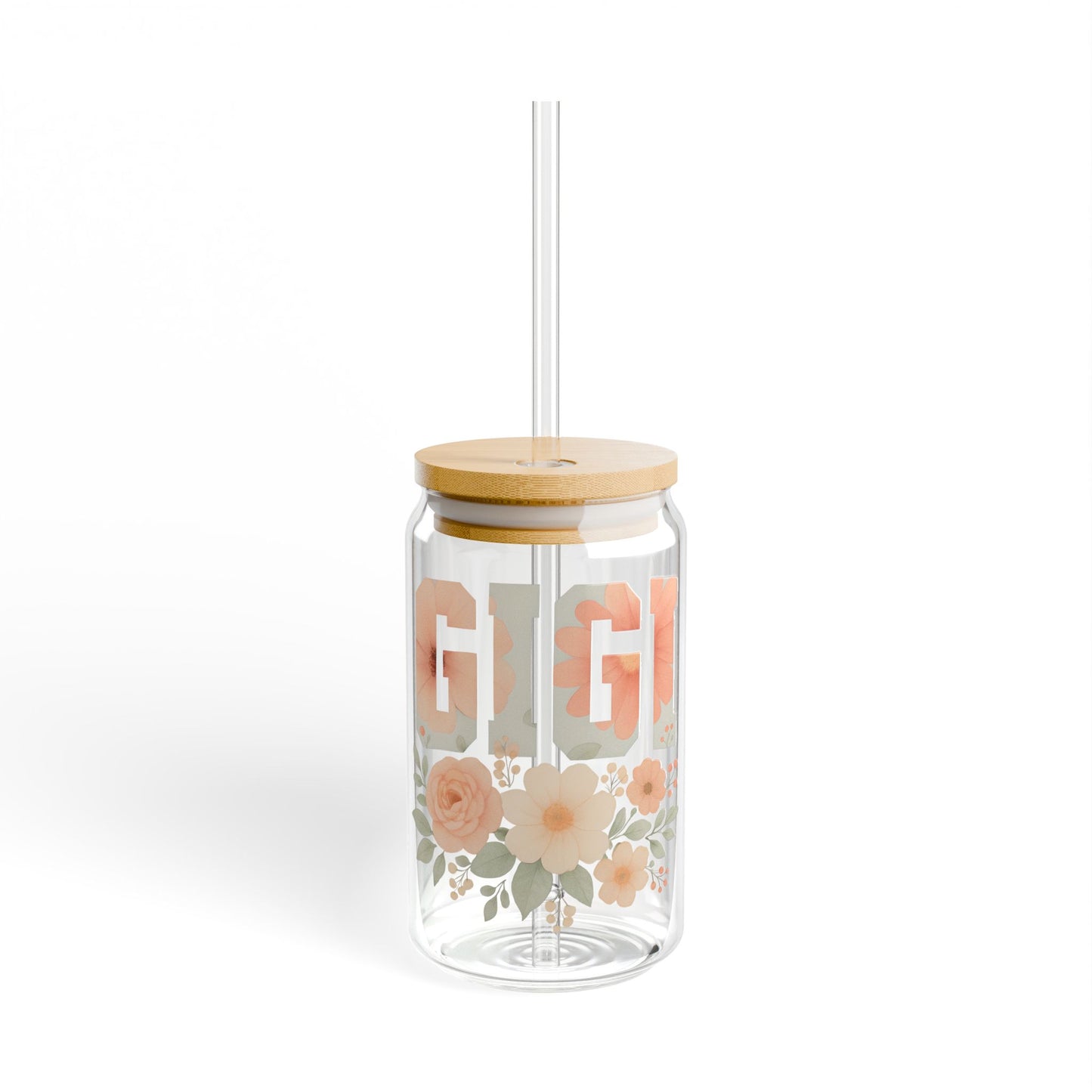 “GIGI” Floral Glass Can Tumbler – 16oz with Bamboo Lid & Straw