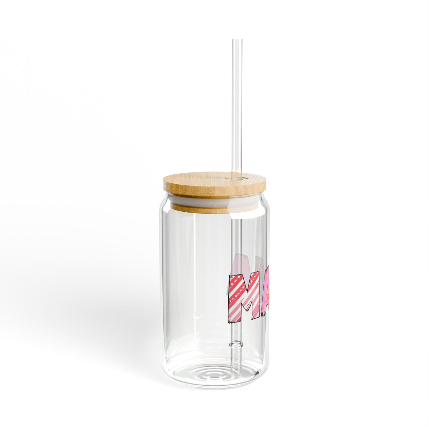 "MAMA" Glass Tumbler | Pink Patterned Design | 16oz Mason Jar with Bamboo Lid | Daily Essentials Collection