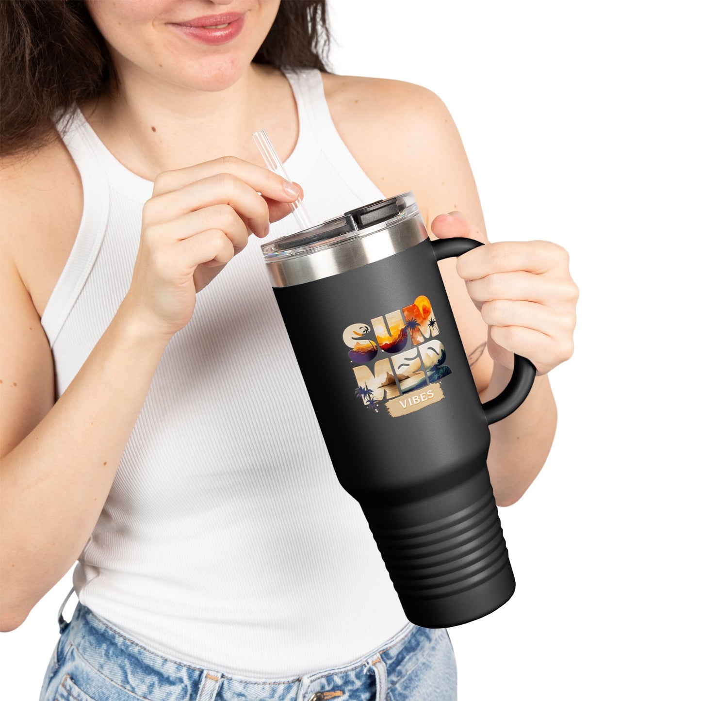 Summer Vibes Tumbler with Handle & Straw | 40 oz Insulated Mug in White, Red, Black, Teal, Blue & Gray