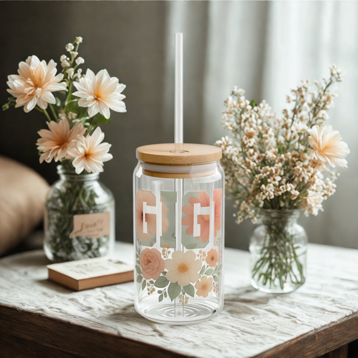 “GIGI” Floral Glass Can Tumbler – 16oz with Bamboo Lid & Straw