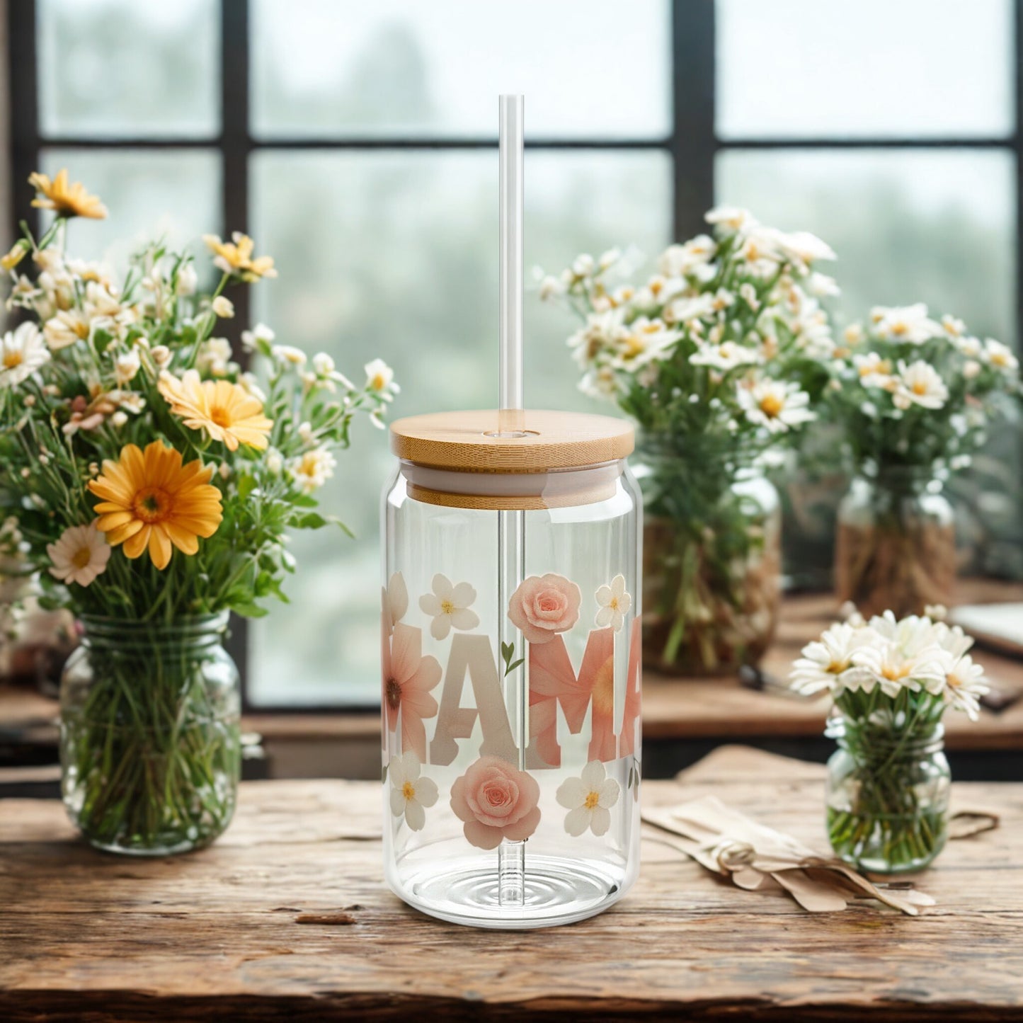 “MAMA” Floral Glass Can Tumbler with Bamboo Lid & Straw – 16oz