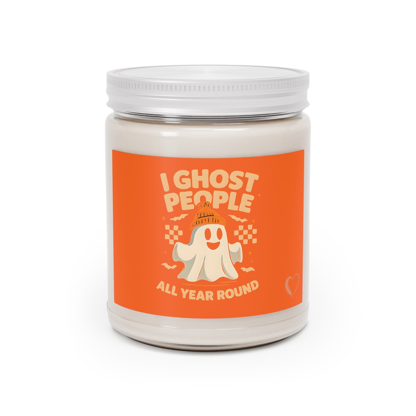 Candle jar with an orange label featuring a ghost and text on a white background
