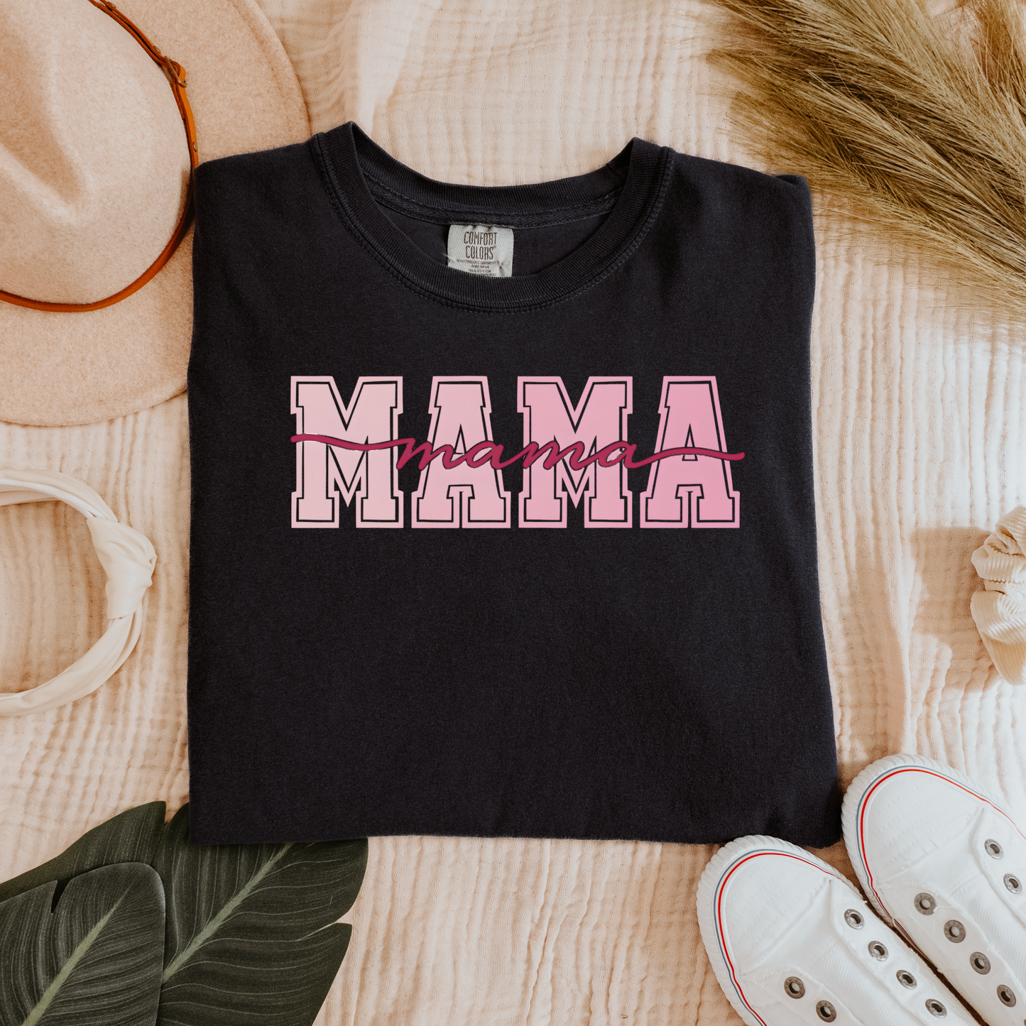“MAMA” Varsity Pink Script T-Shirt – Bold & Feminine Tee for Moms