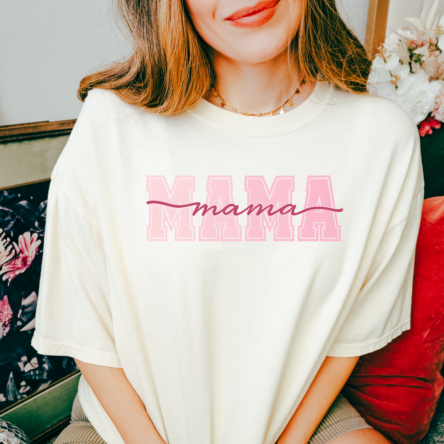 “MAMA” Varsity Pink Script T-Shirt – Bold & Feminine Tee for Moms