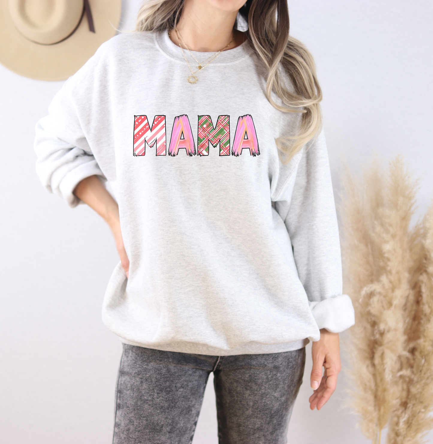 Sweatshirt Cozy Christmas Mama Graphic Sweatshirt Pink Red Plaid Mama Shirt Winter Holiday Mom Gift Cute Comfy Crewneck