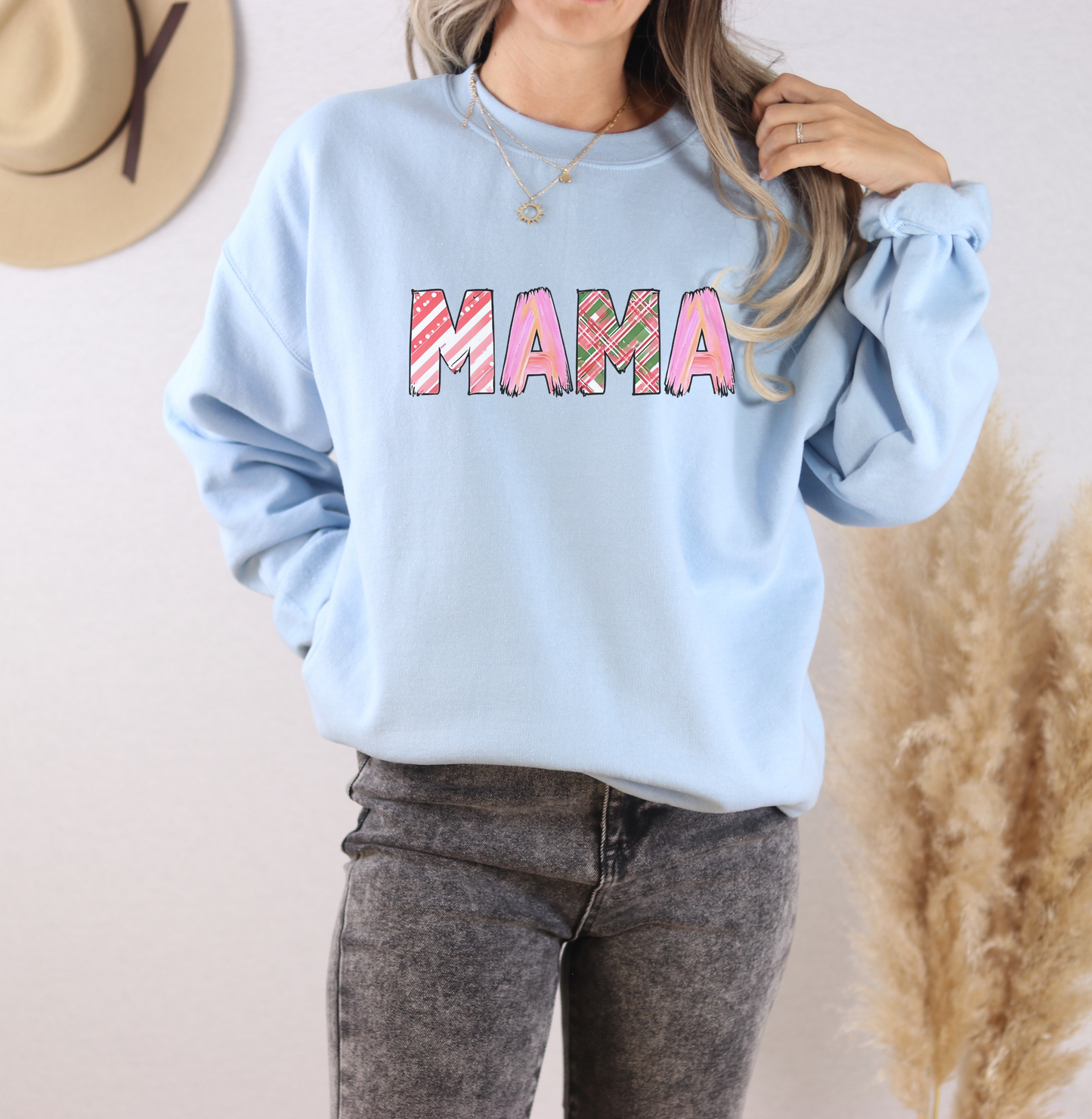 Sweatshirt Cozy Christmas Mama Graphic Sweatshirt Pink Red Plaid Mama Shirt Winter Holiday Mom Gift Cute Comfy Crewneck