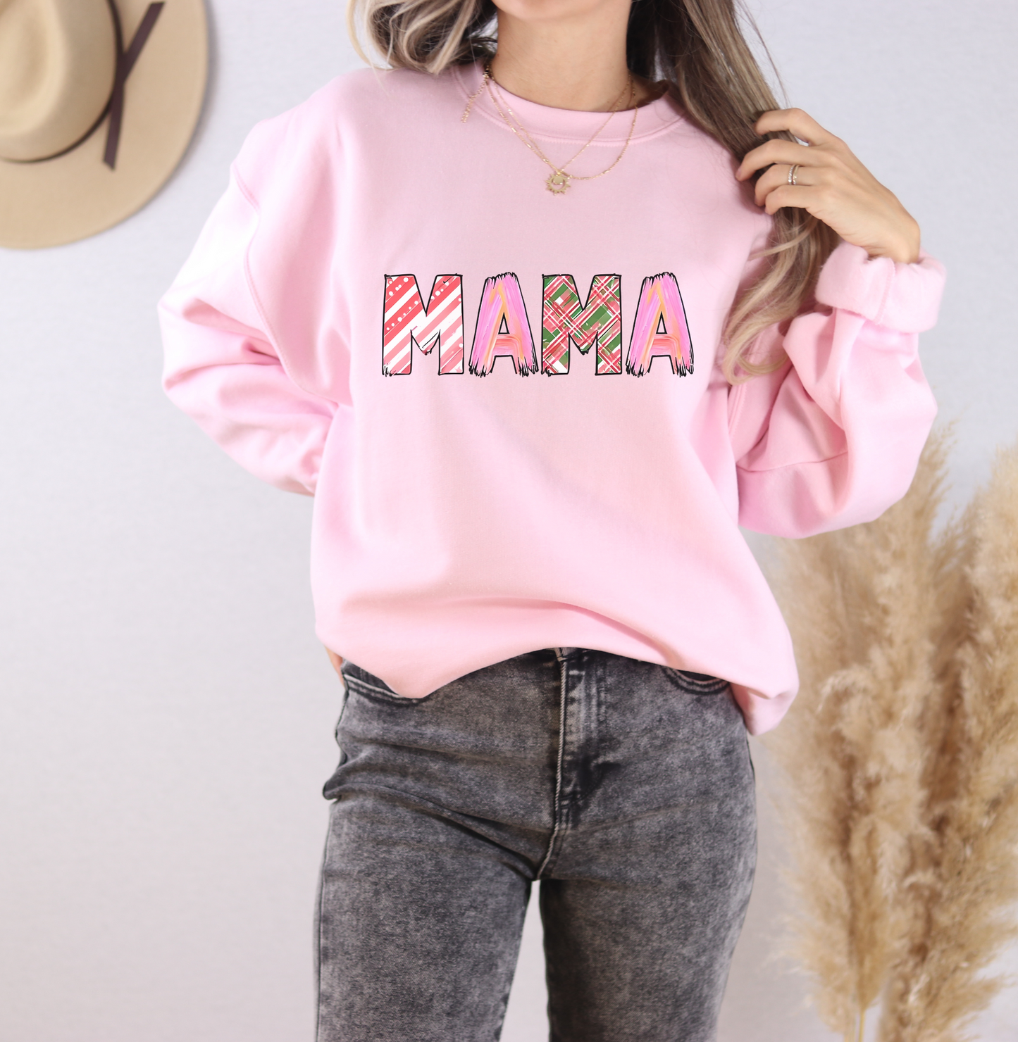 Sweatshirt Cozy Christmas Mama Graphic Sweatshirt Pink Red Plaid Mama Shirt Winter Holiday Mom Gift Cute Comfy Crewneck