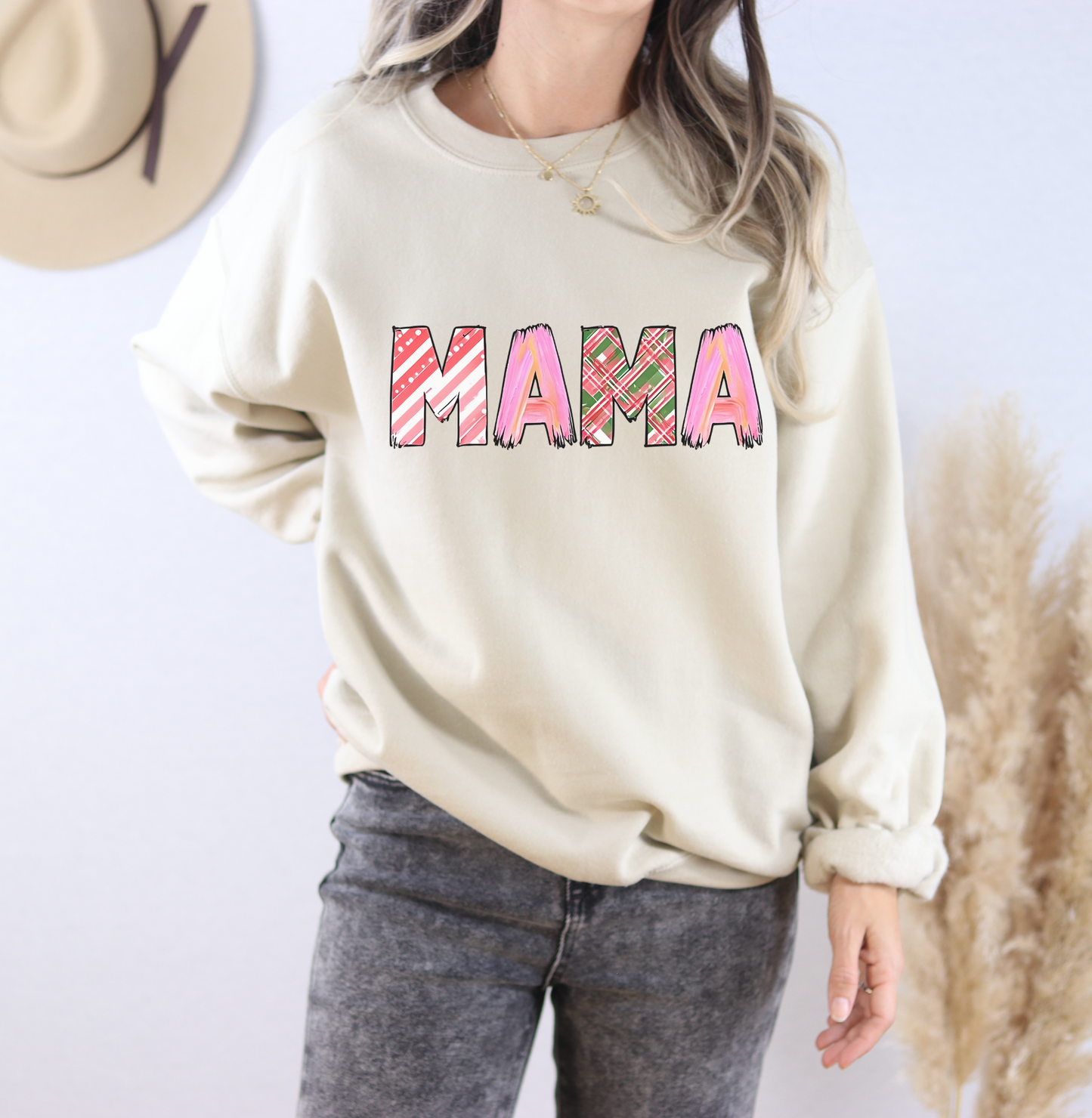 Sweatshirt Cozy Christmas Mama Graphic Sweatshirt Pink Red Plaid Mama Shirt Winter Holiday Mom Gift Cute Comfy Crewneck