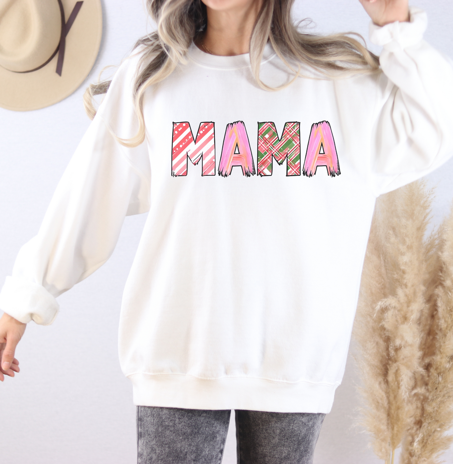 Sweatshirt Cozy Christmas Mama Graphic Sweatshirt Pink Red Plaid Mama Shirt Winter Holiday Mom Gift Cute Comfy Crewneck