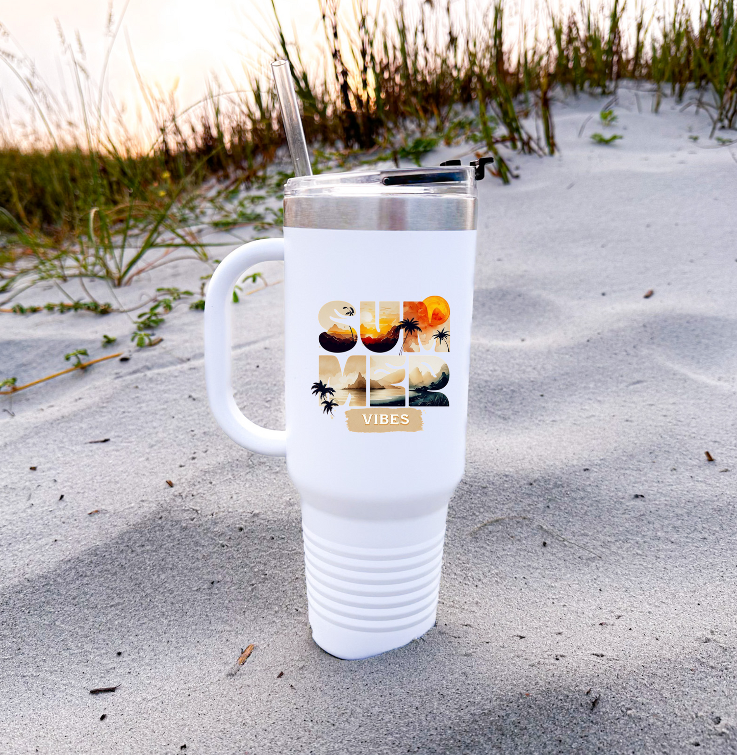 Summer Vibes Tumbler with Handle & Straw | 40 oz Insulated Mug in White, Red, Black, Teal, Blue & Gray