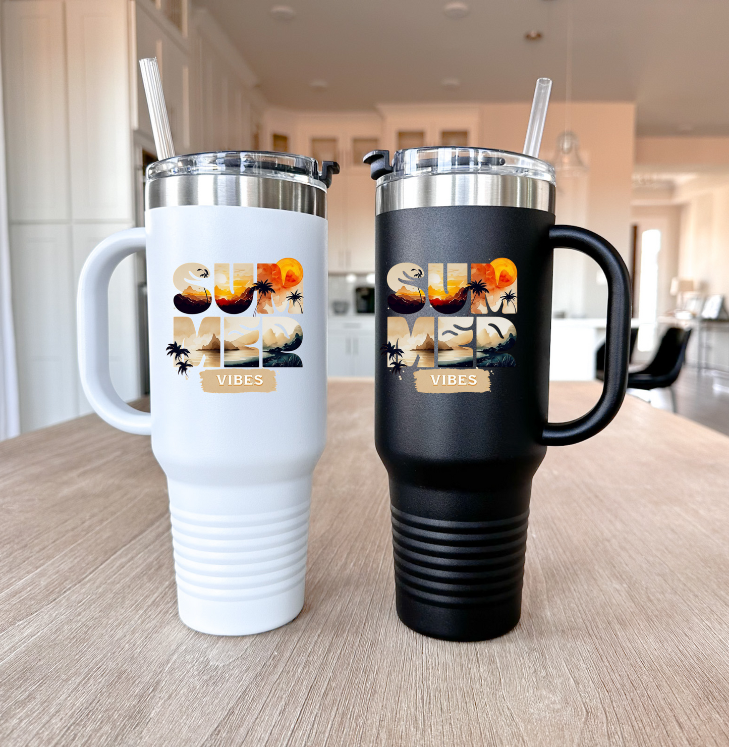 Summer Vibes Tumbler with Handle & Straw | 40 oz Insulated Mug in White, Red, Black, Teal, Blue & Gray
