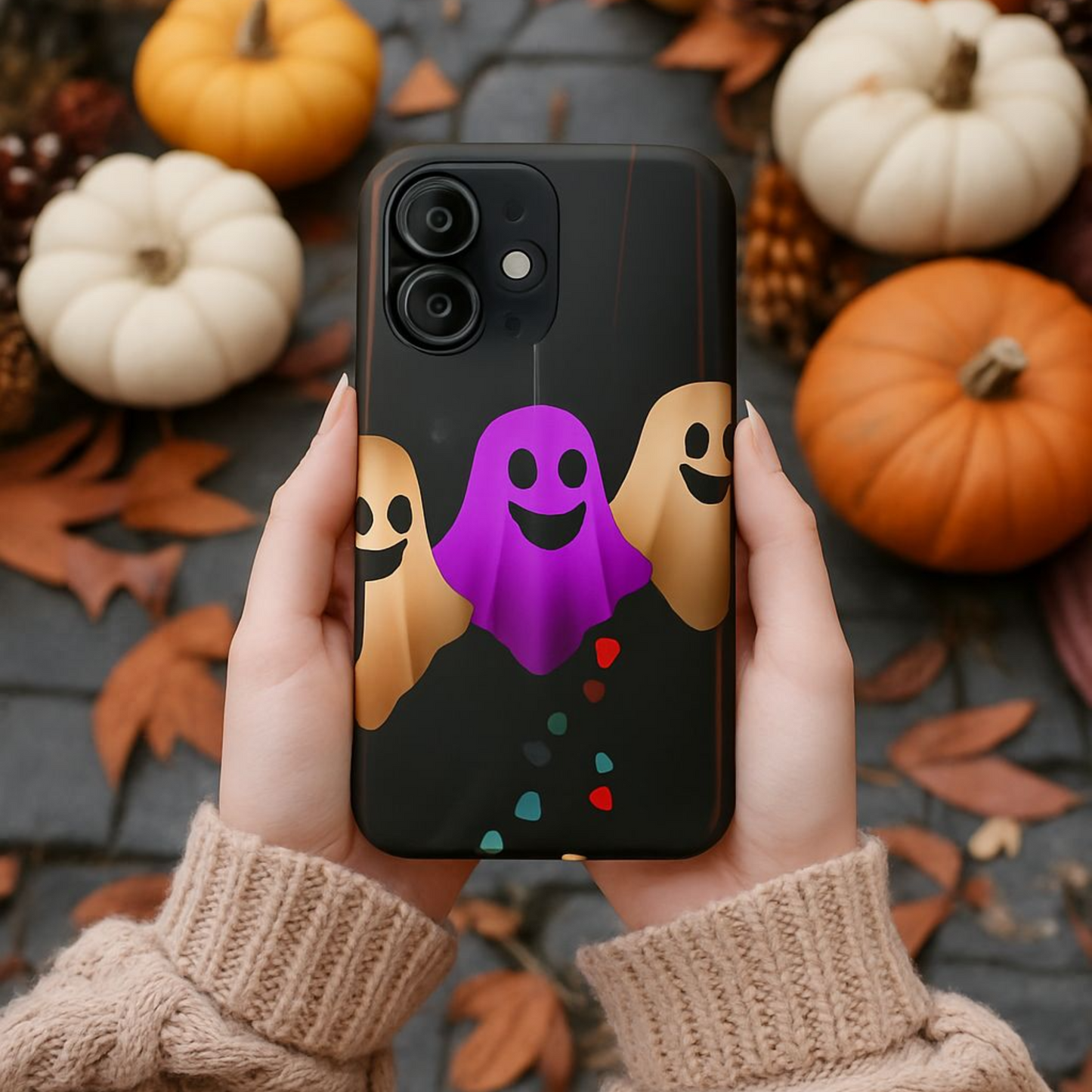 Phone case with ghost and pumpkin design held by hands, surrounded by pumpkins and leaves.