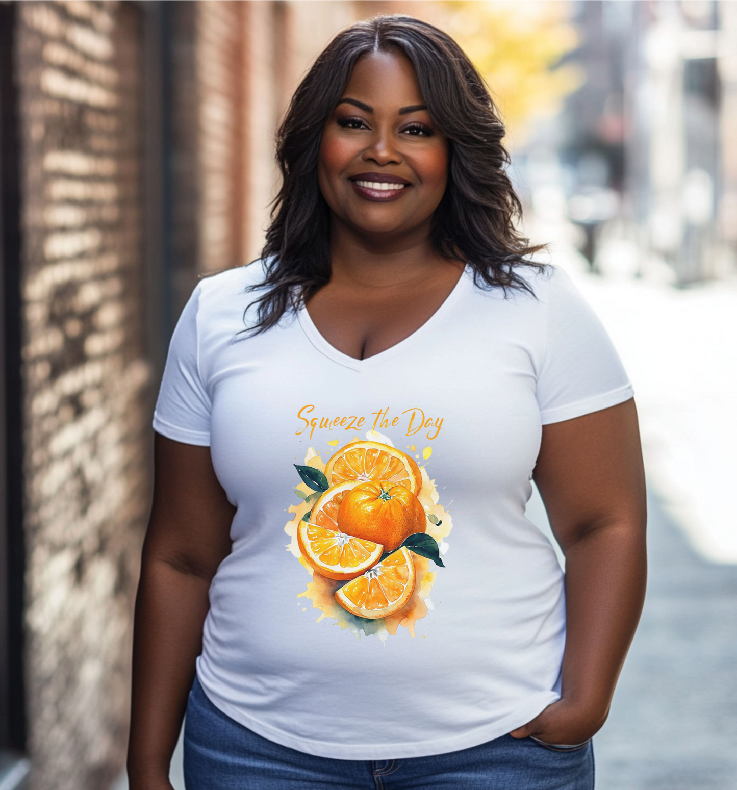 Squeeze the Day Orange Graphic V-Neck T-Shirt – Citrus Fruit Shirt – Watercolor Summer Tee – Funny Pun Shirt – Unisex Soft Tee