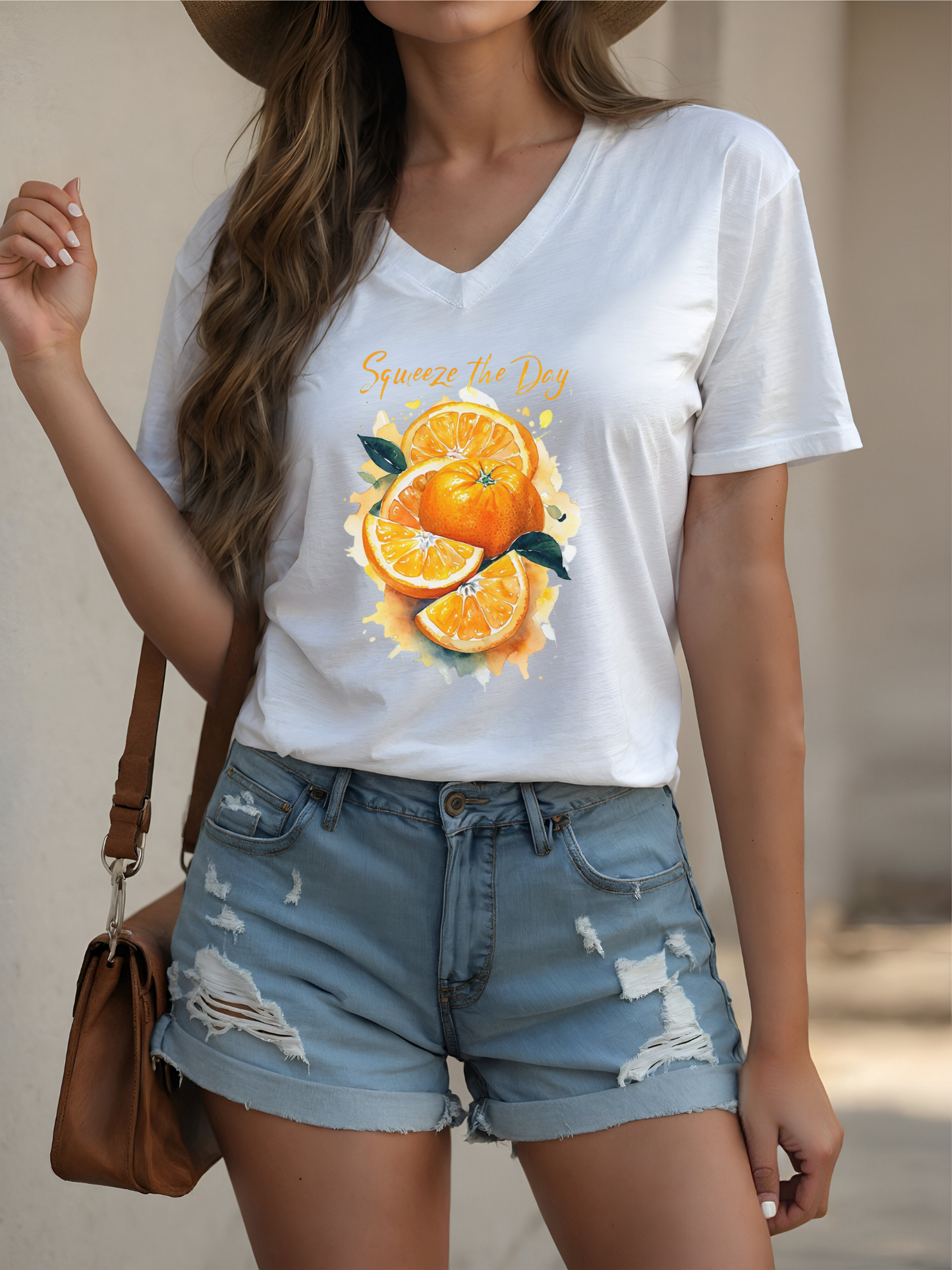 Squeeze the Day Orange Graphic V-Neck T-Shirt – Citrus Fruit Shirt – Watercolor Summer Tee – Funny Pun Shirt – Unisex Soft Tee