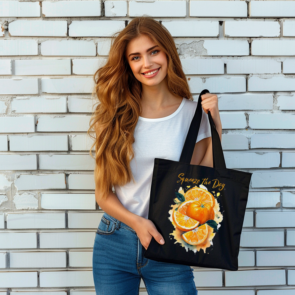 Squeeze the Day Orange Tote Bag β Reusable Canvas Bag with Citrus Fruit Design, Eco-Friendly Grocery Tote, Motivational Gift Idea