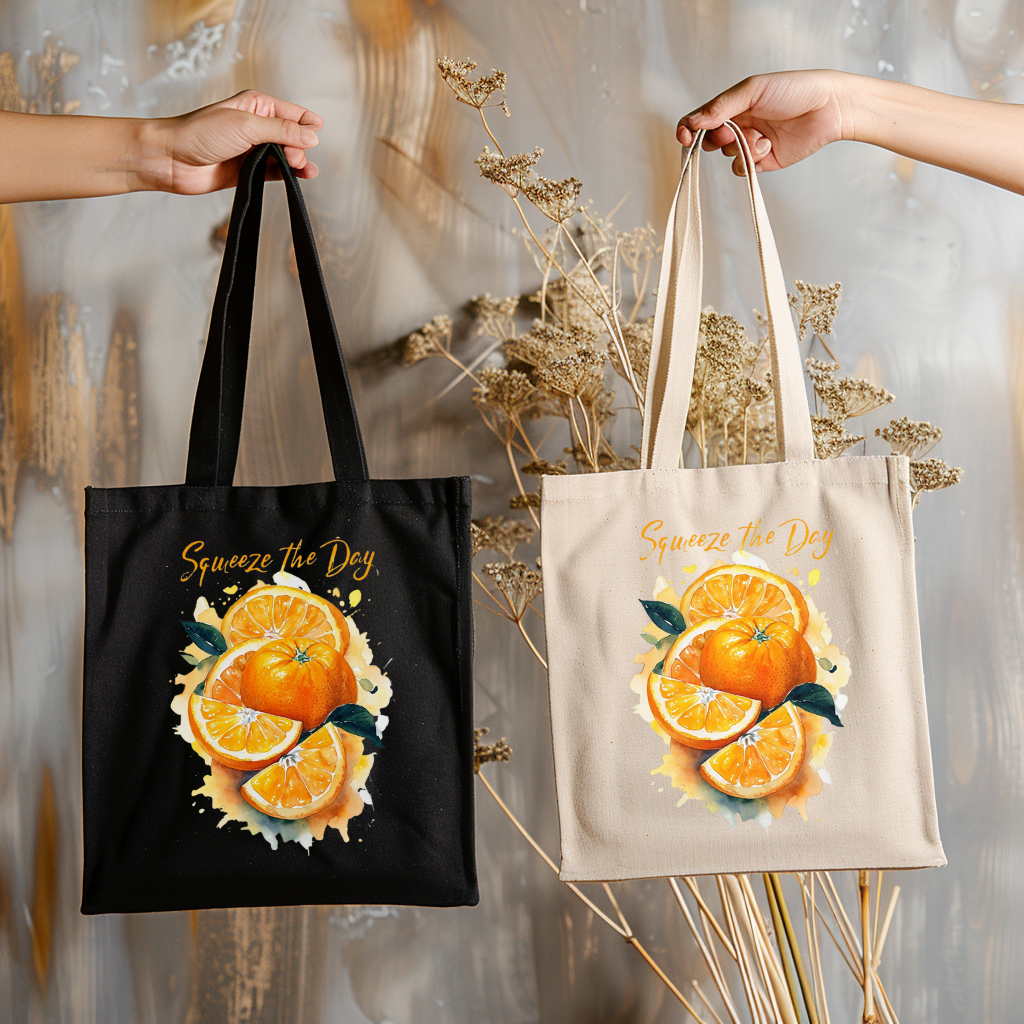 Squeeze the Day Orange Tote Bag β Reusable Canvas Bag with Citrus Fruit Design, Eco-Friendly Grocery Tote, Motivational Gift Idea