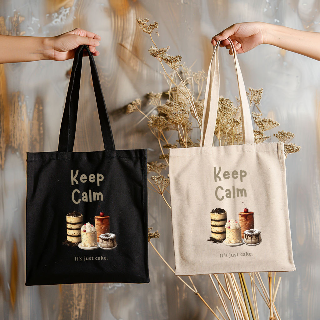Funny Cake Tote Bag – "Keep Calm It’s Just Cake" Canvas Bag – Reusable Eco Shopping Bag Gift for Bakers & Dessert Lovers
