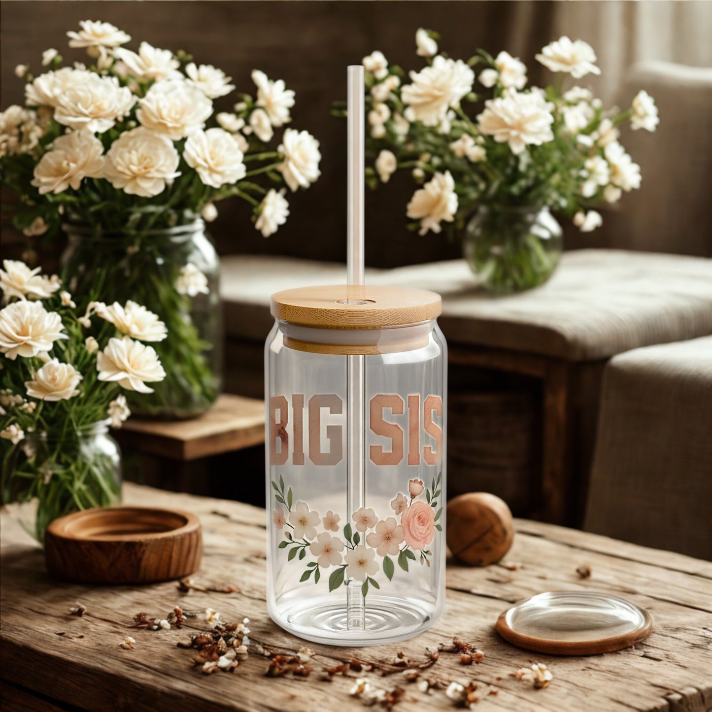 “BIG SIS” Floral Glass Can Tumbler – 16oz with Bamboo Lid & Straw