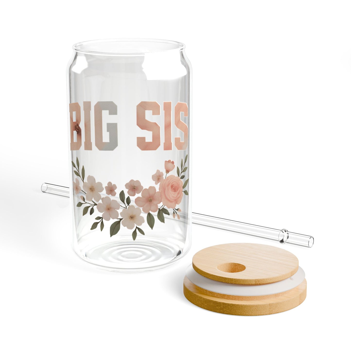 “BIG SIS” Floral Glass Can Tumbler – 16oz with Bamboo Lid & Straw
