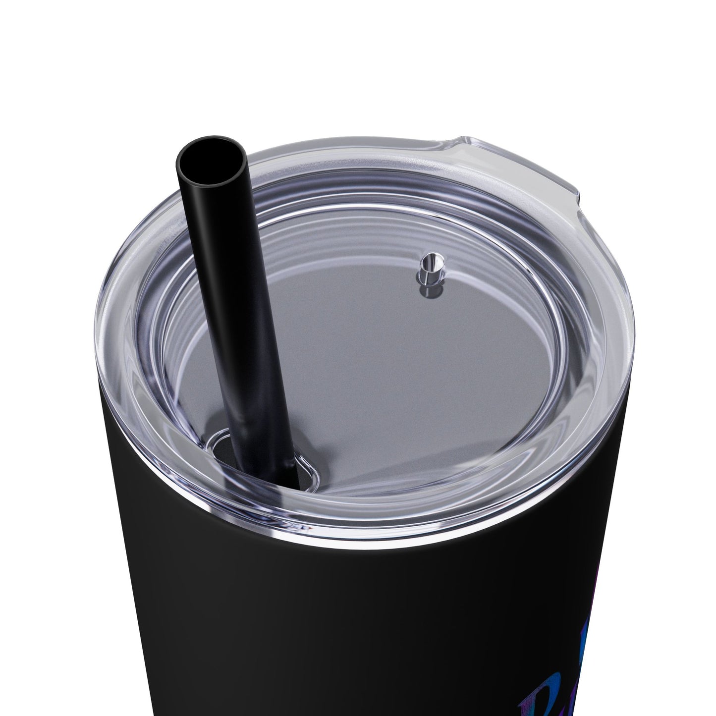 Black tumbler with a clear lid and black straw on a white background