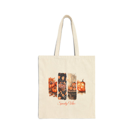 Candy, Carves & Chills Trick or Treat Tote Bag - Halloween Pumpkin Canvas Bag