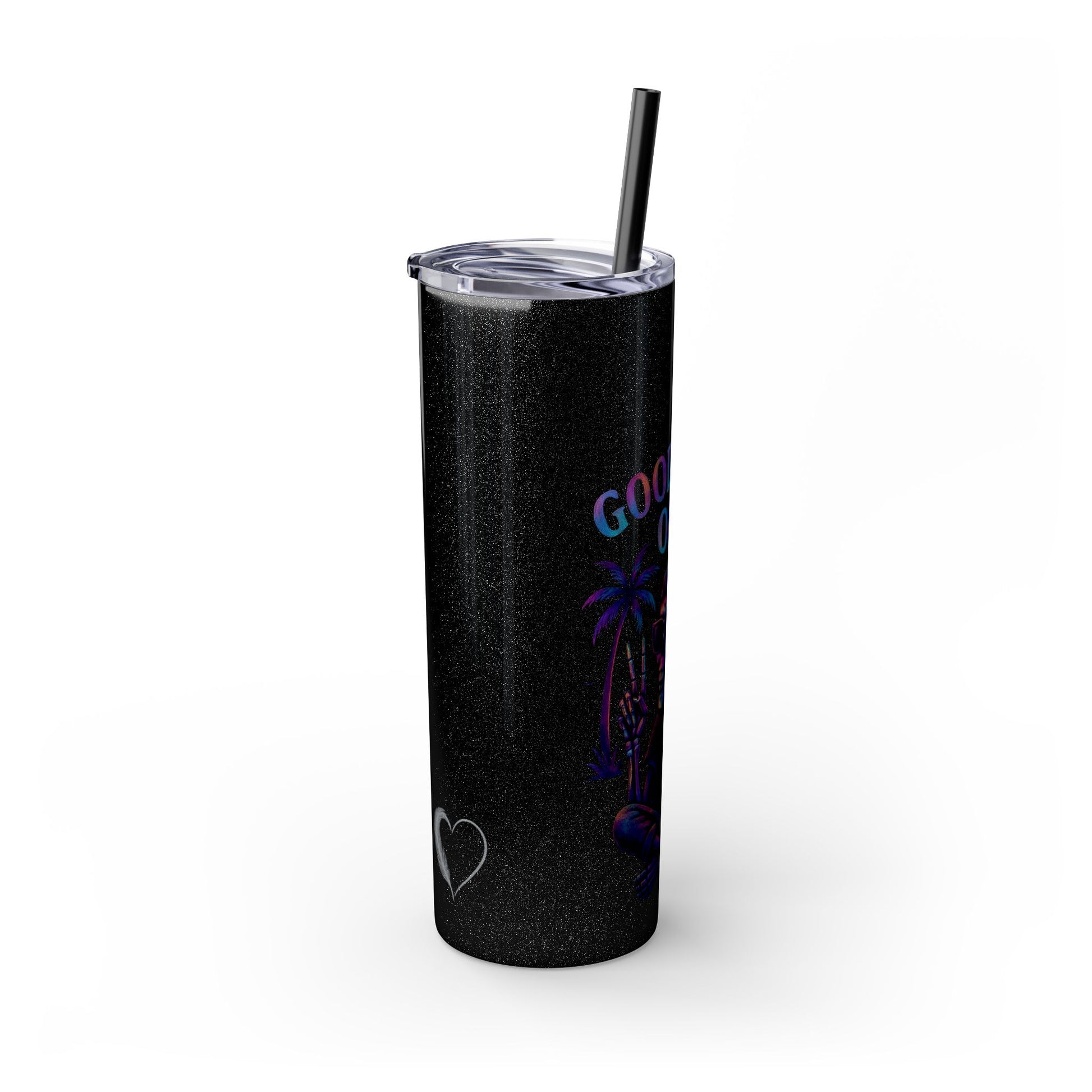 Black tumbler with palm tree design and text on a white background