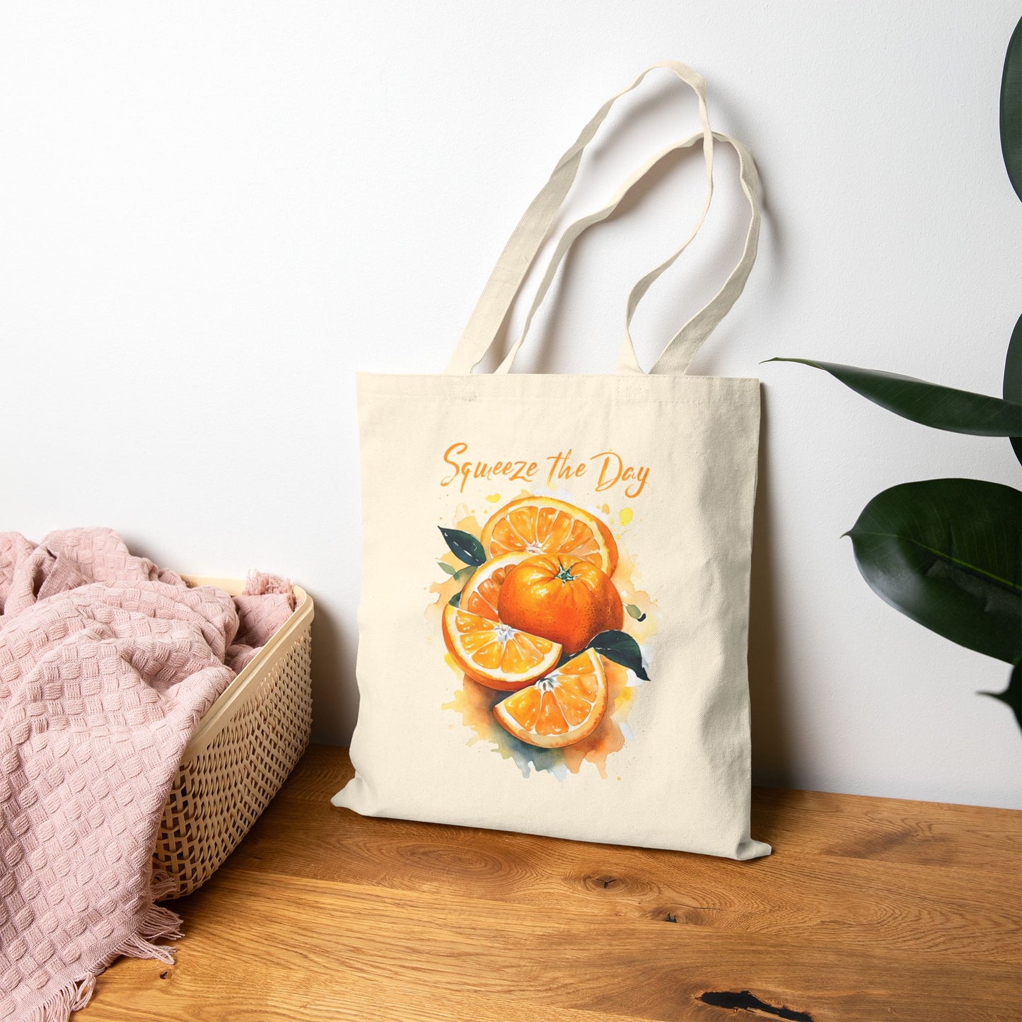 Squeeze the Day Orange Tote Bag – Reusable Canvas Bag with Citrus Fruit Design, Eco-Friendly Grocery Tote, Motivational Gift Idea