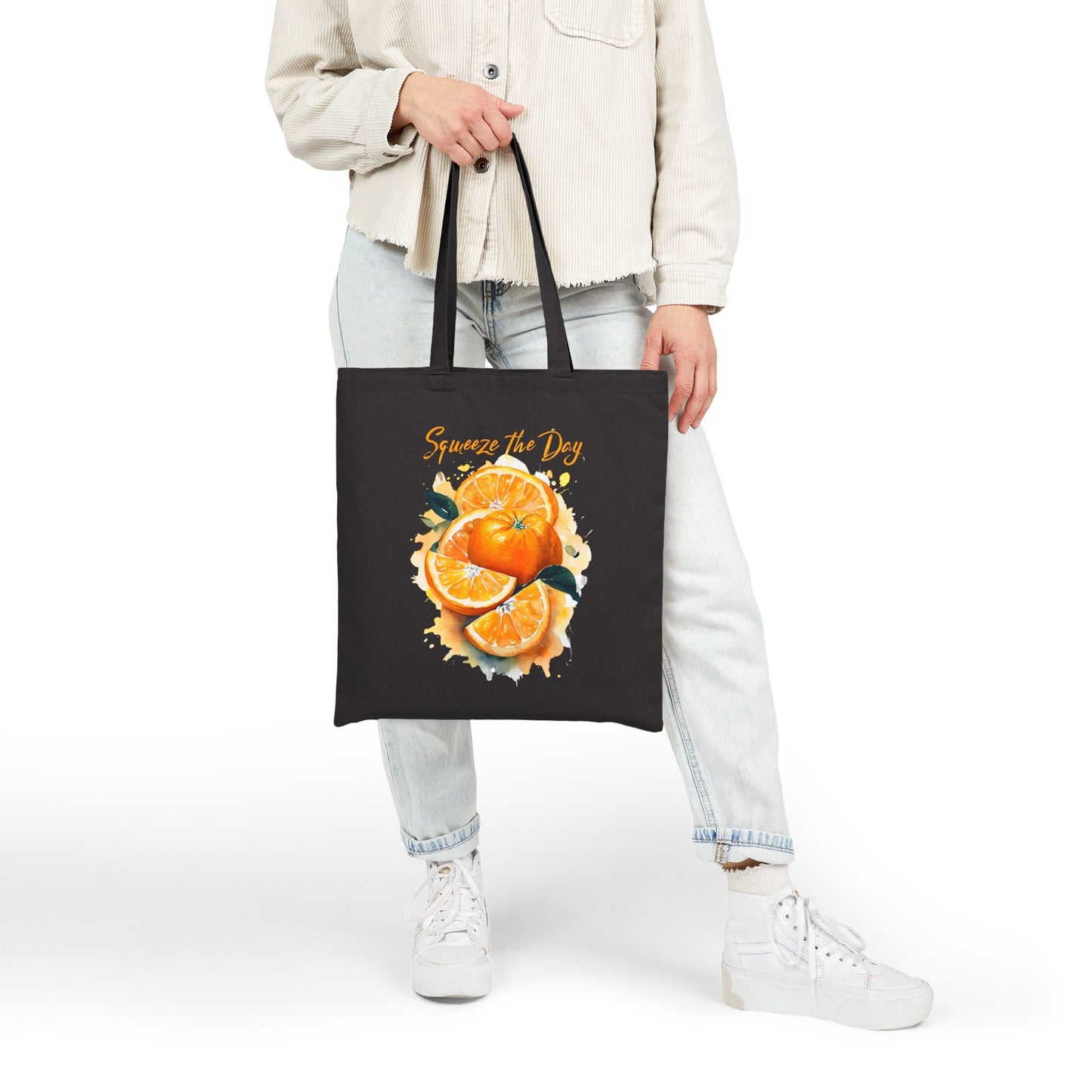 Squeeze the Day Orange Tote Bag – Reusable Canvas Bag with Citrus Fruit Design, Eco-Friendly Grocery Tote, Motivational Gift Idea