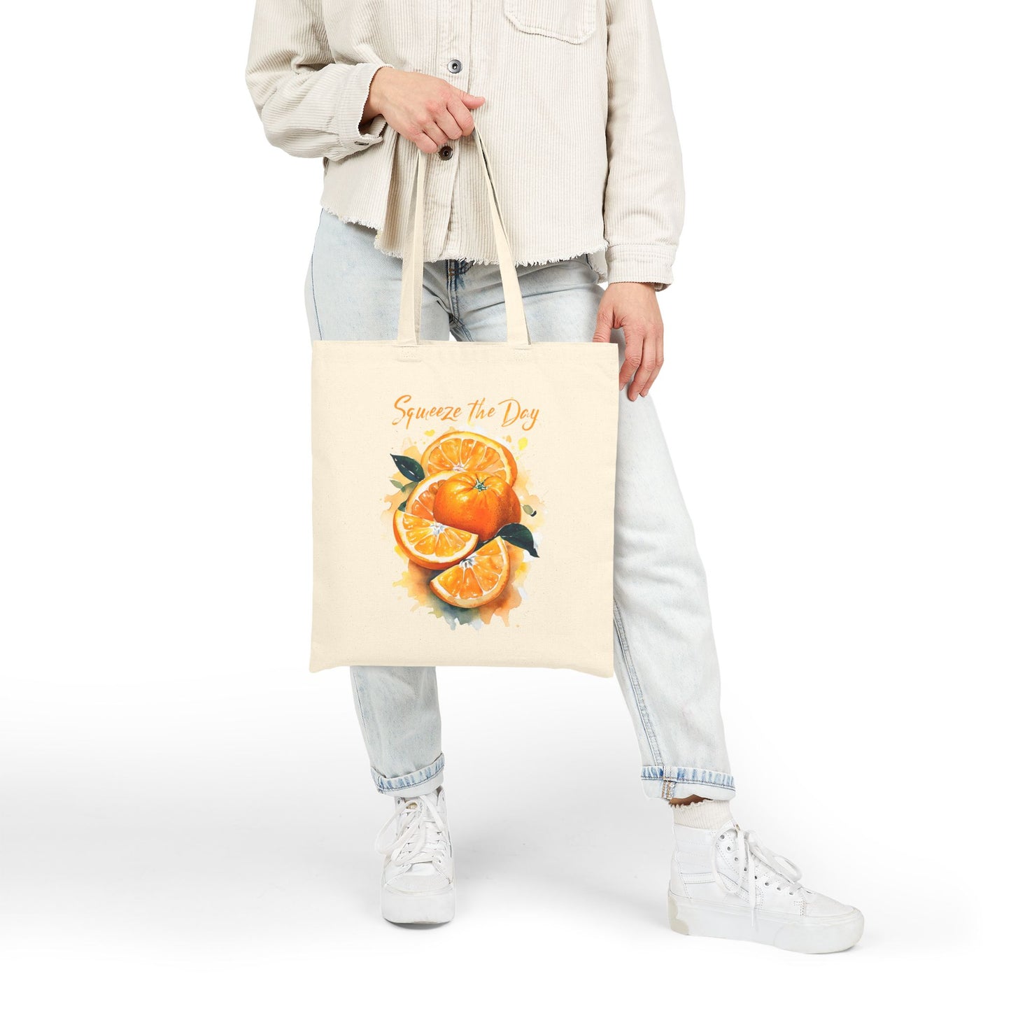Squeeze the Day Orange Tote Bag – Reusable Canvas Bag with Citrus Fruit Design, Eco-Friendly Grocery Tote, Motivational Gift Idea