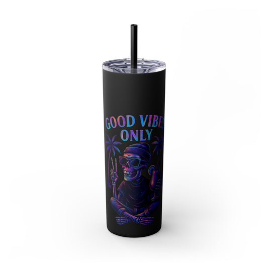 Black tumbler with a colorful design and 'Good Vibes Only' text on a white background