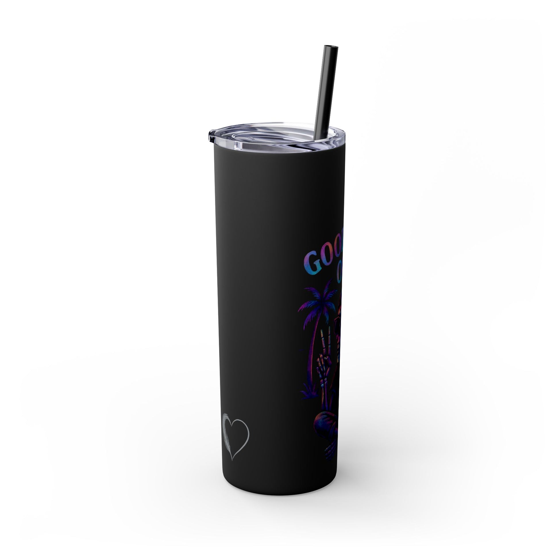 Black tumbler with palm tree design and text on a white background